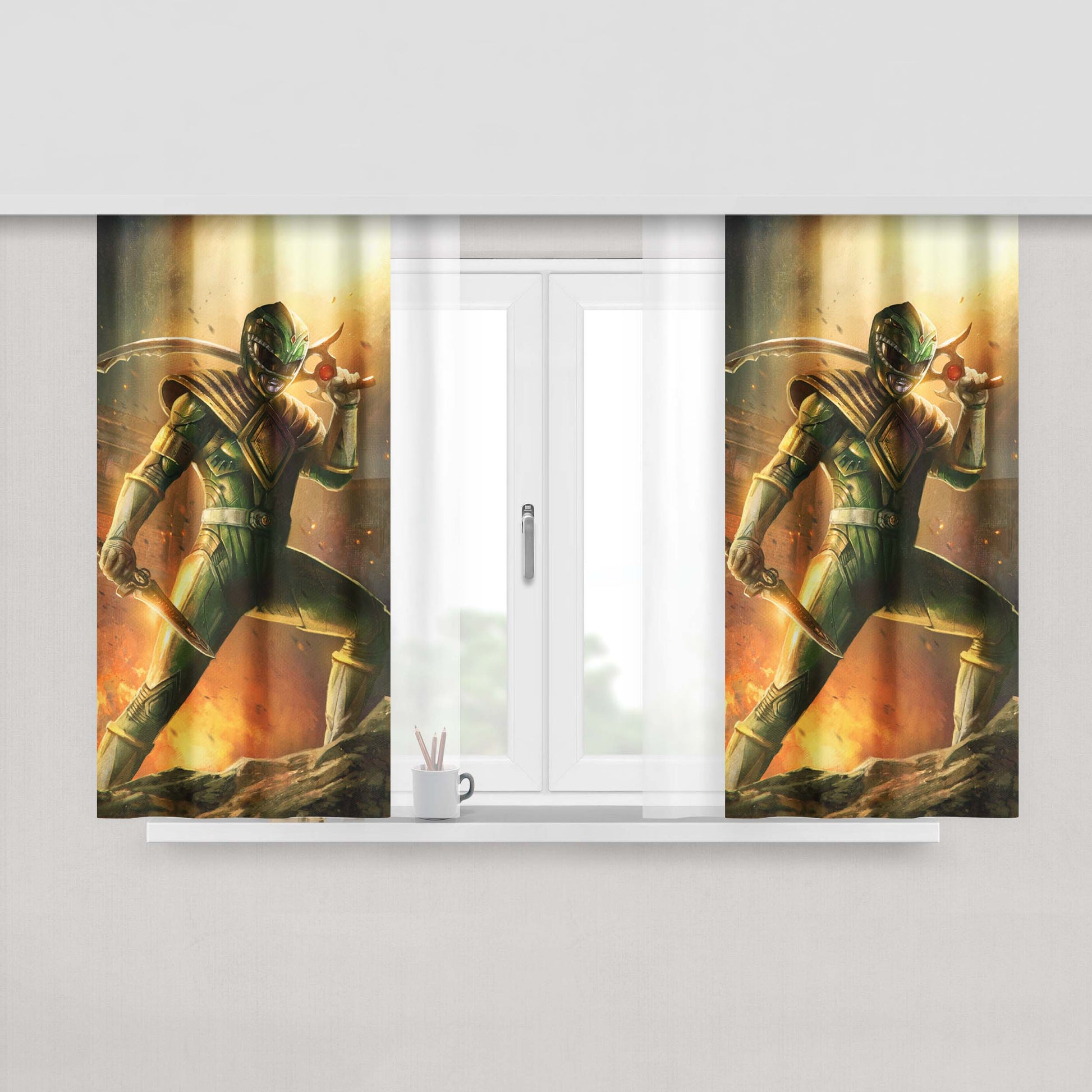 Green Power Rangers Artwork 2 Peach Skin Window Curtains