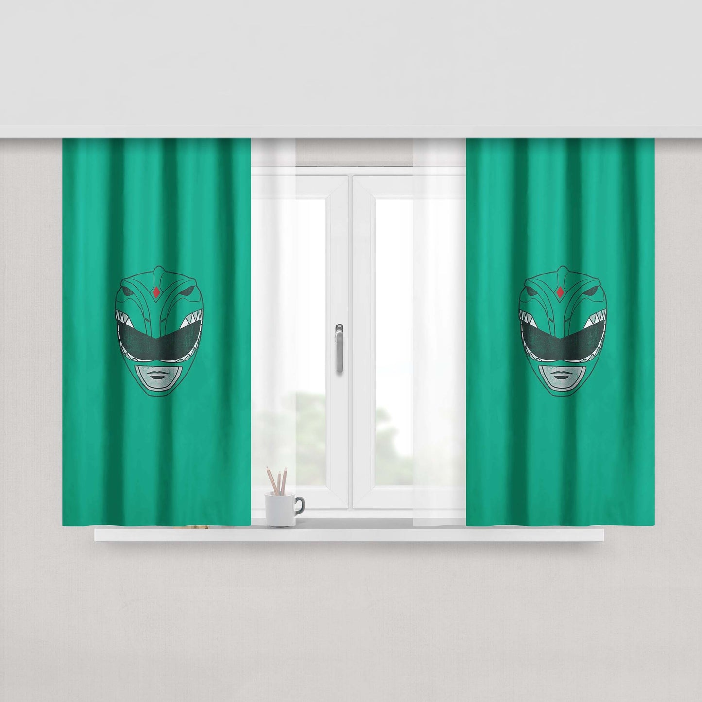 Green Ranger Helmet Minimalist Wallpaper Peach Skin Window Curtains