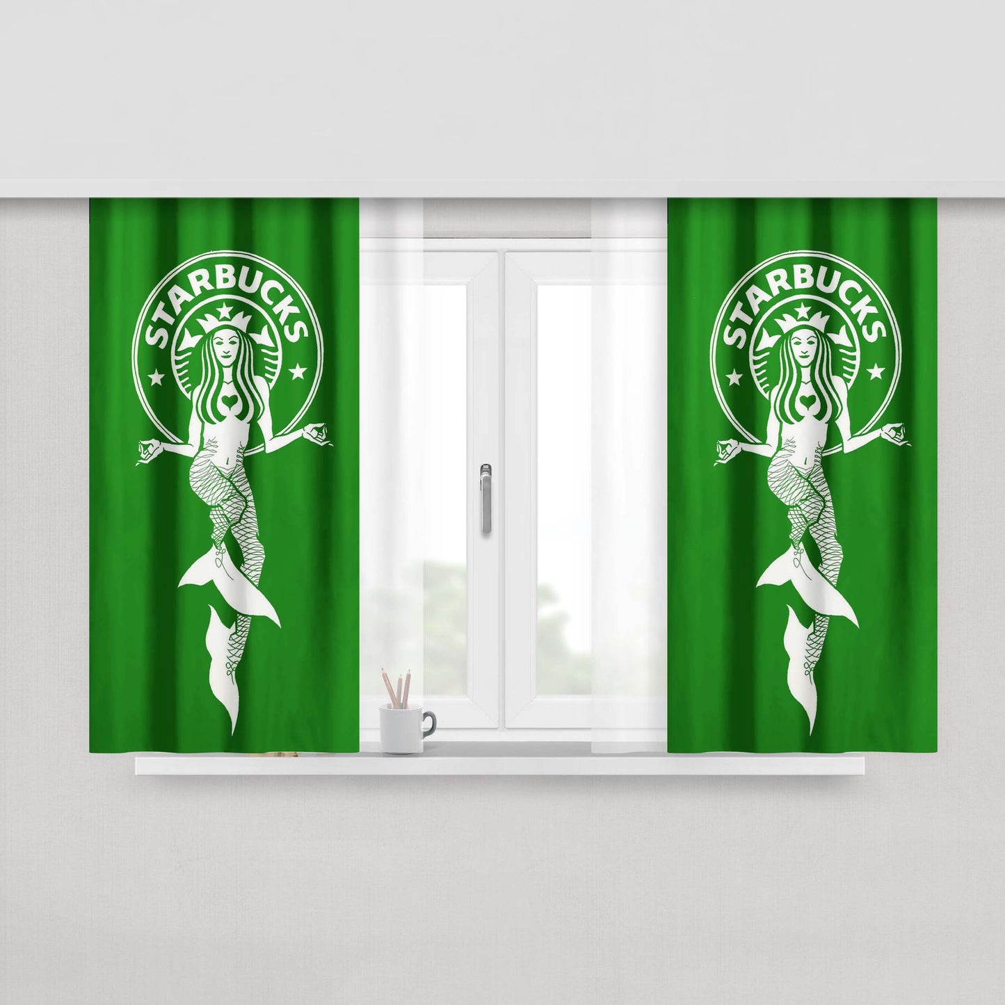 Green Starbuck Coffee Logo Peach Skin Window Curtains