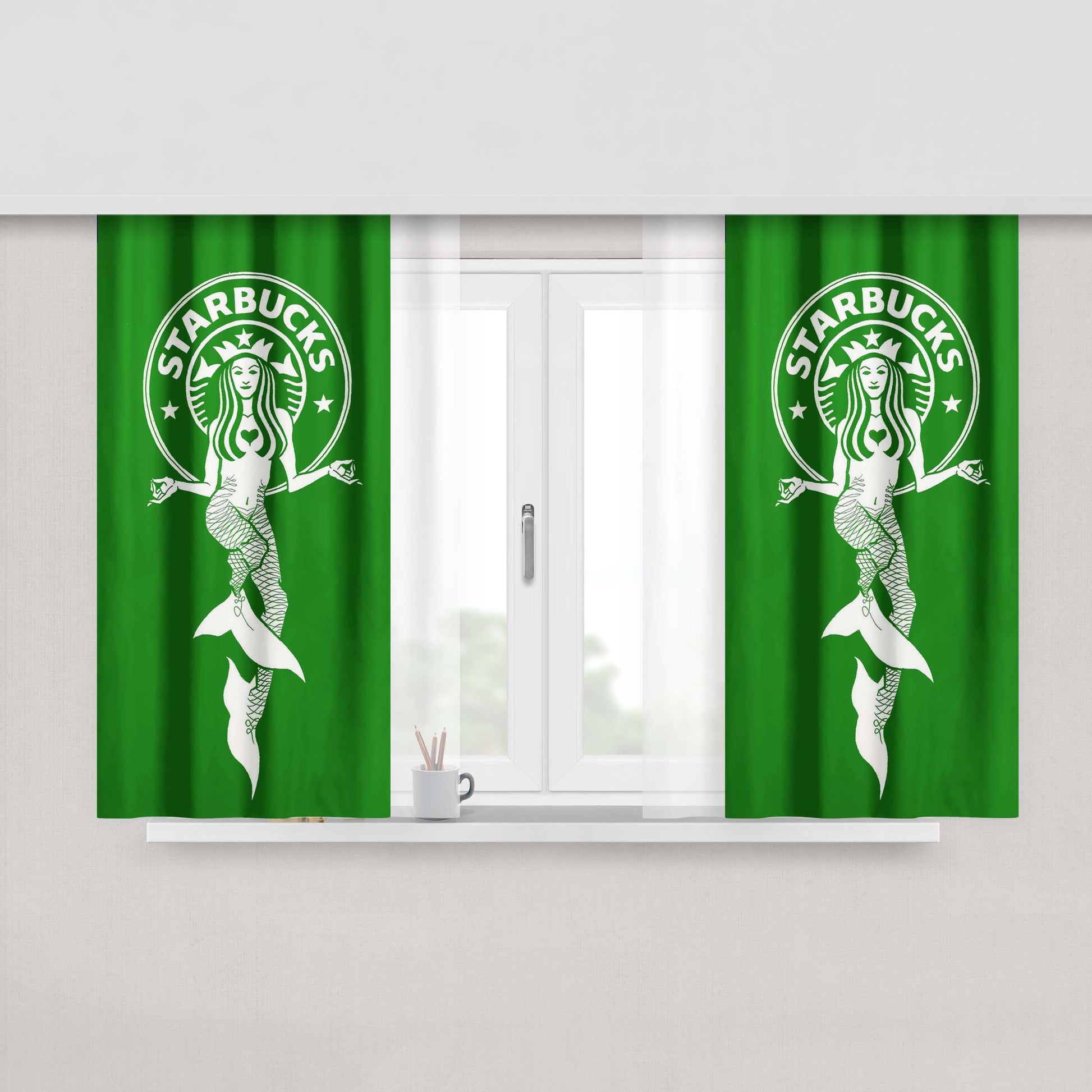 Green Starbuck Coffee Logo Peach Skin Window Curtains