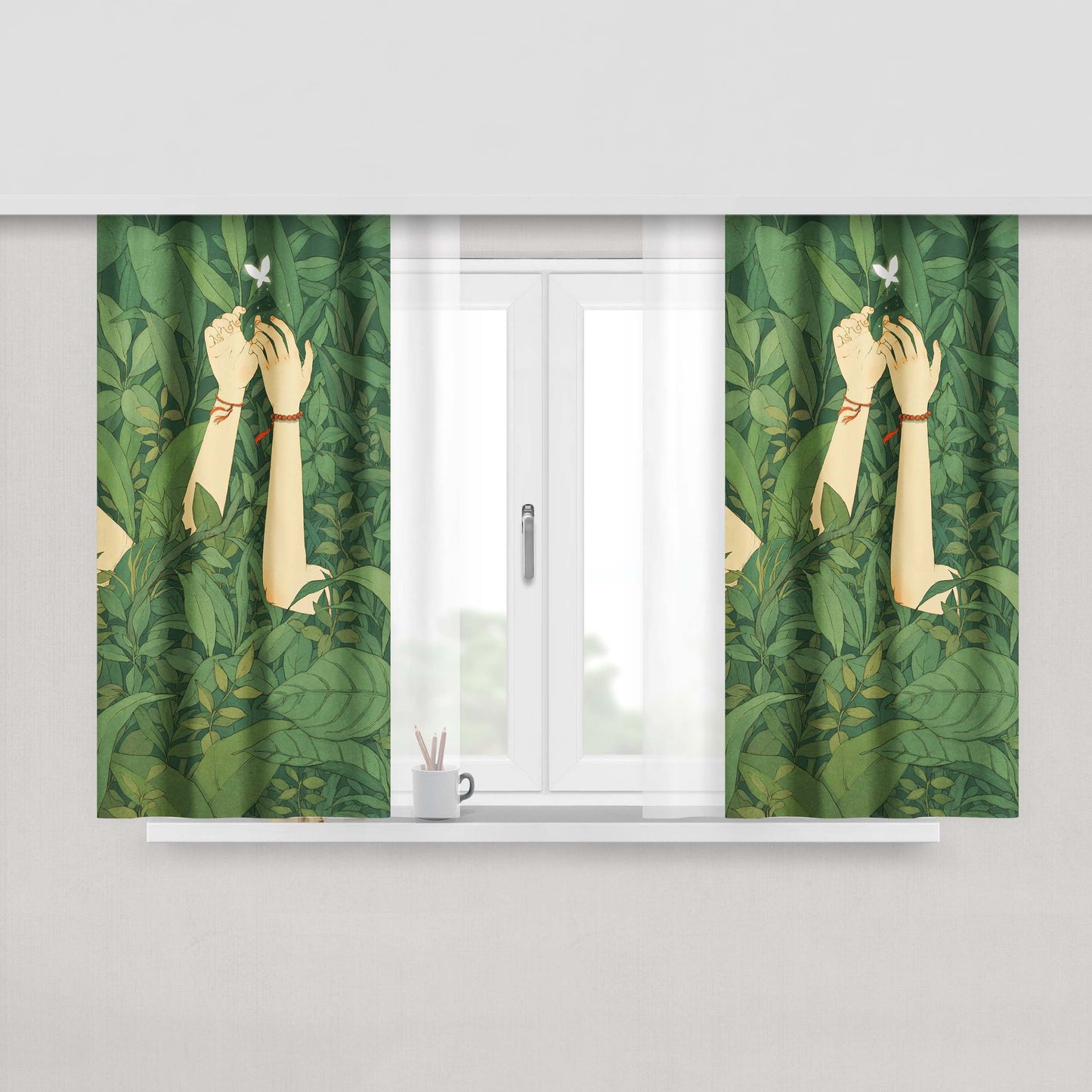 Green Wood Forest Love Butterfly Peach Skin Window Curtains