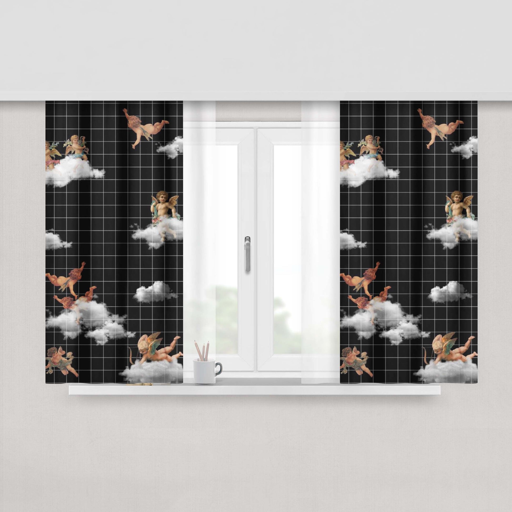 Grid Of Angel Peach Skin Window Curtains