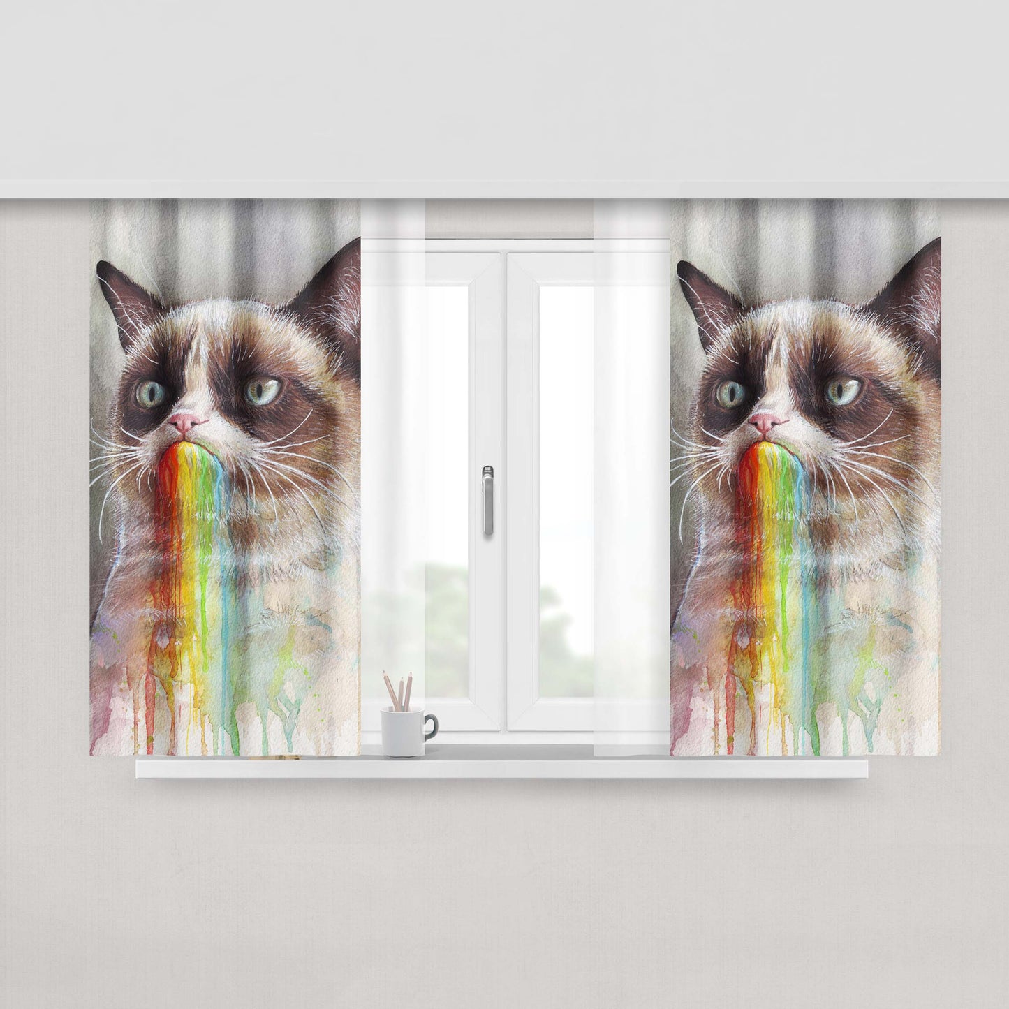 Grumpy Cat Rainbow Peach Skin Window Curtains