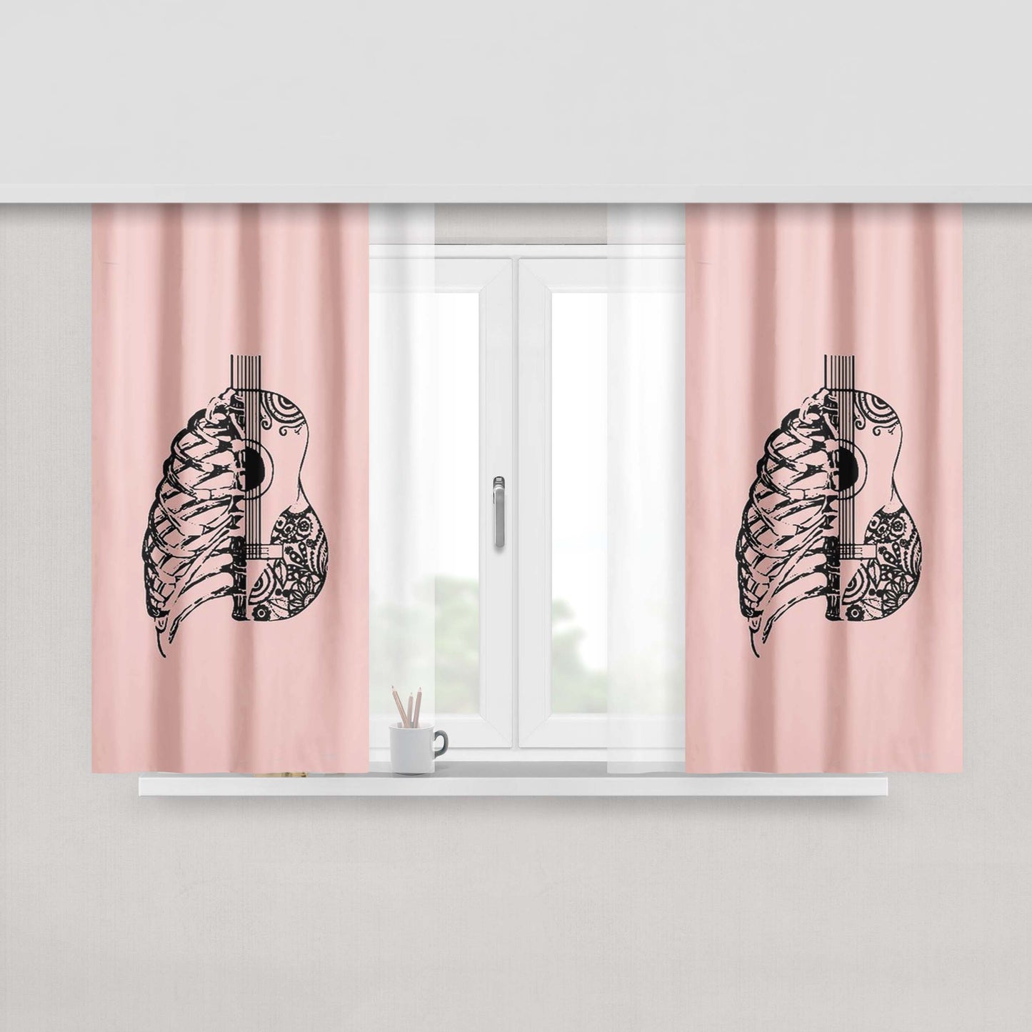Guitar And Rib Cage Music Graphic Gift For Her Hand Drawn Peach Skin Window Curtains
