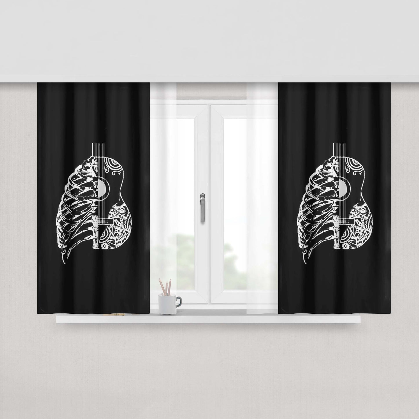 Guitar And Rib Cage Music Graphic Gift Peach Skin Window Curtains