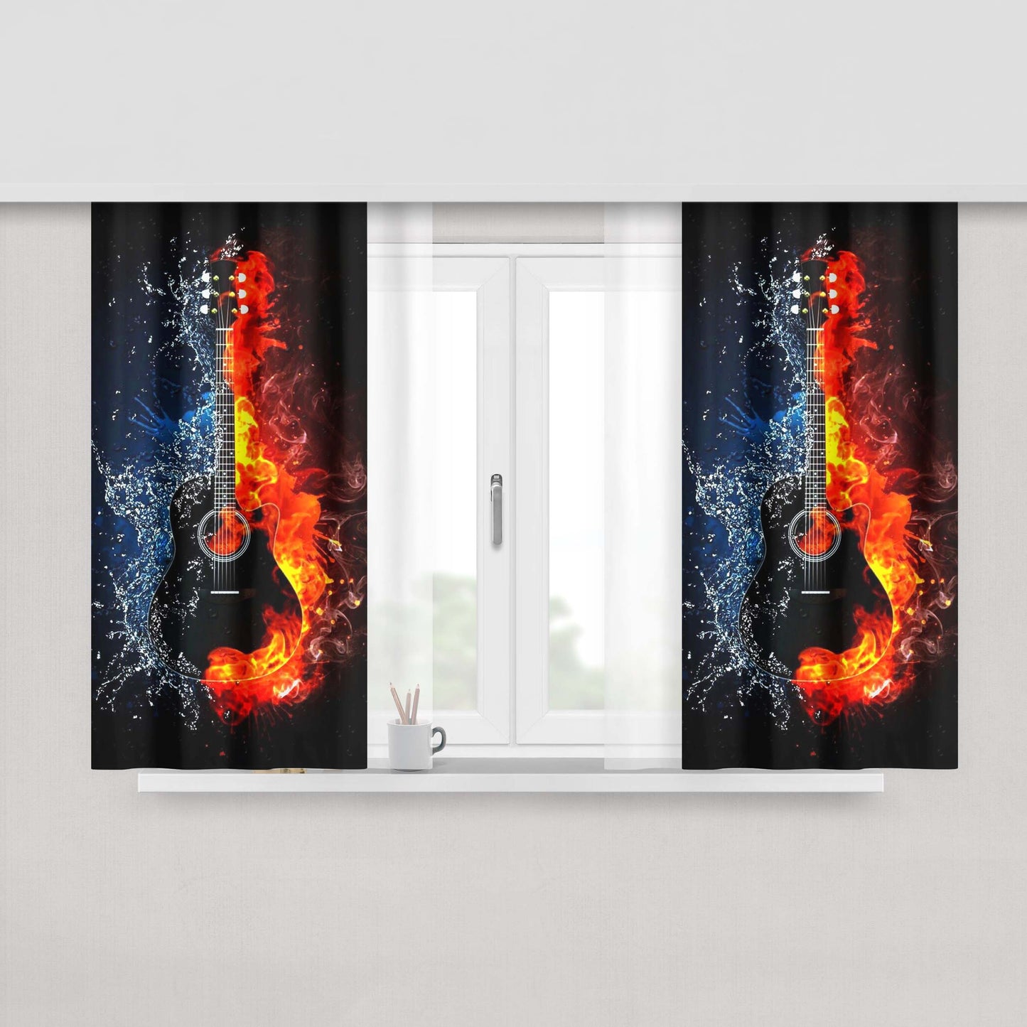 Guitar On Fire Peach Skin Window Curtains