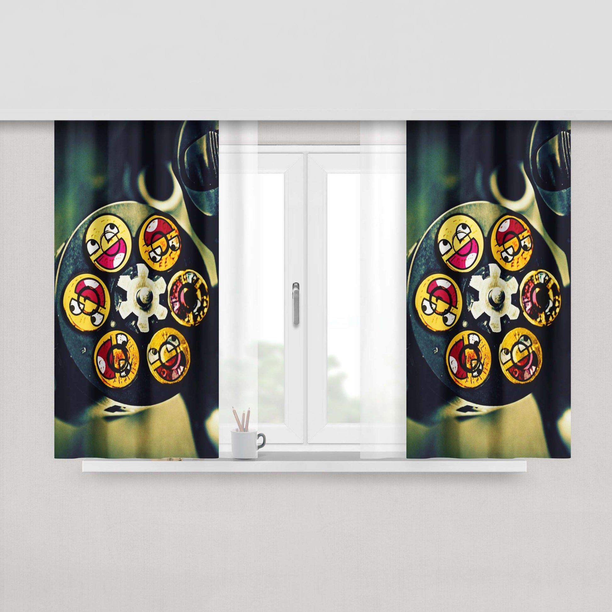 Gun Smiley Bullets Fabric Window Curtains
