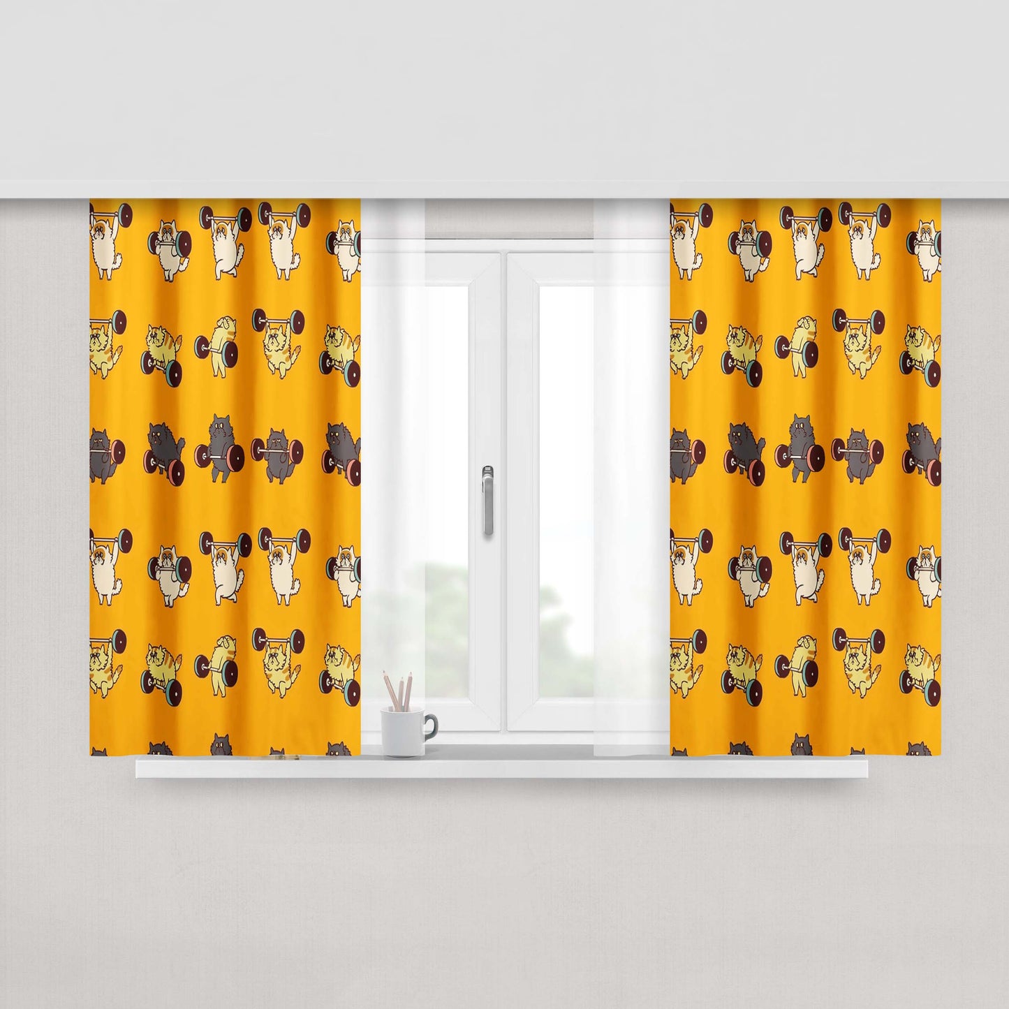 Gym Olympic Lifting Cat Fabric Window Curtains
