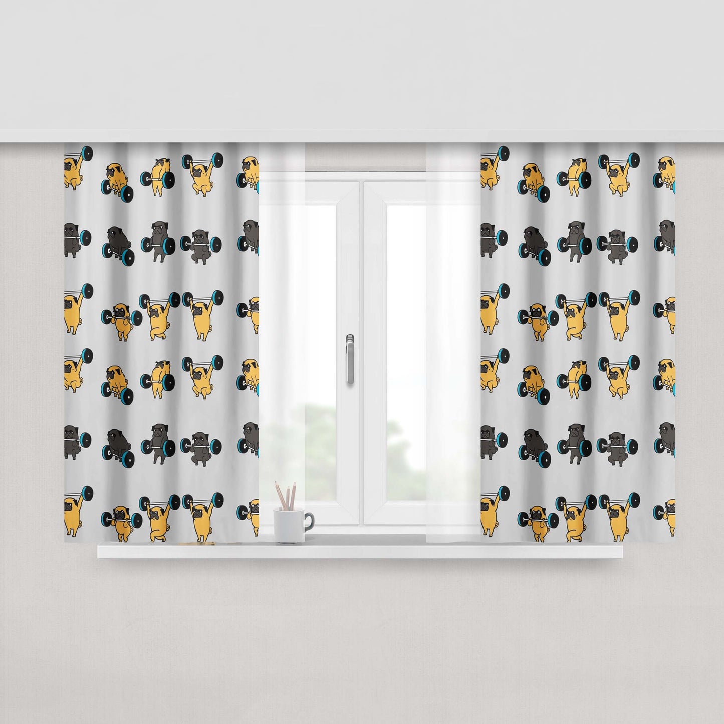 Gym Olympic Lifting Pugs Fabric Window Curtains