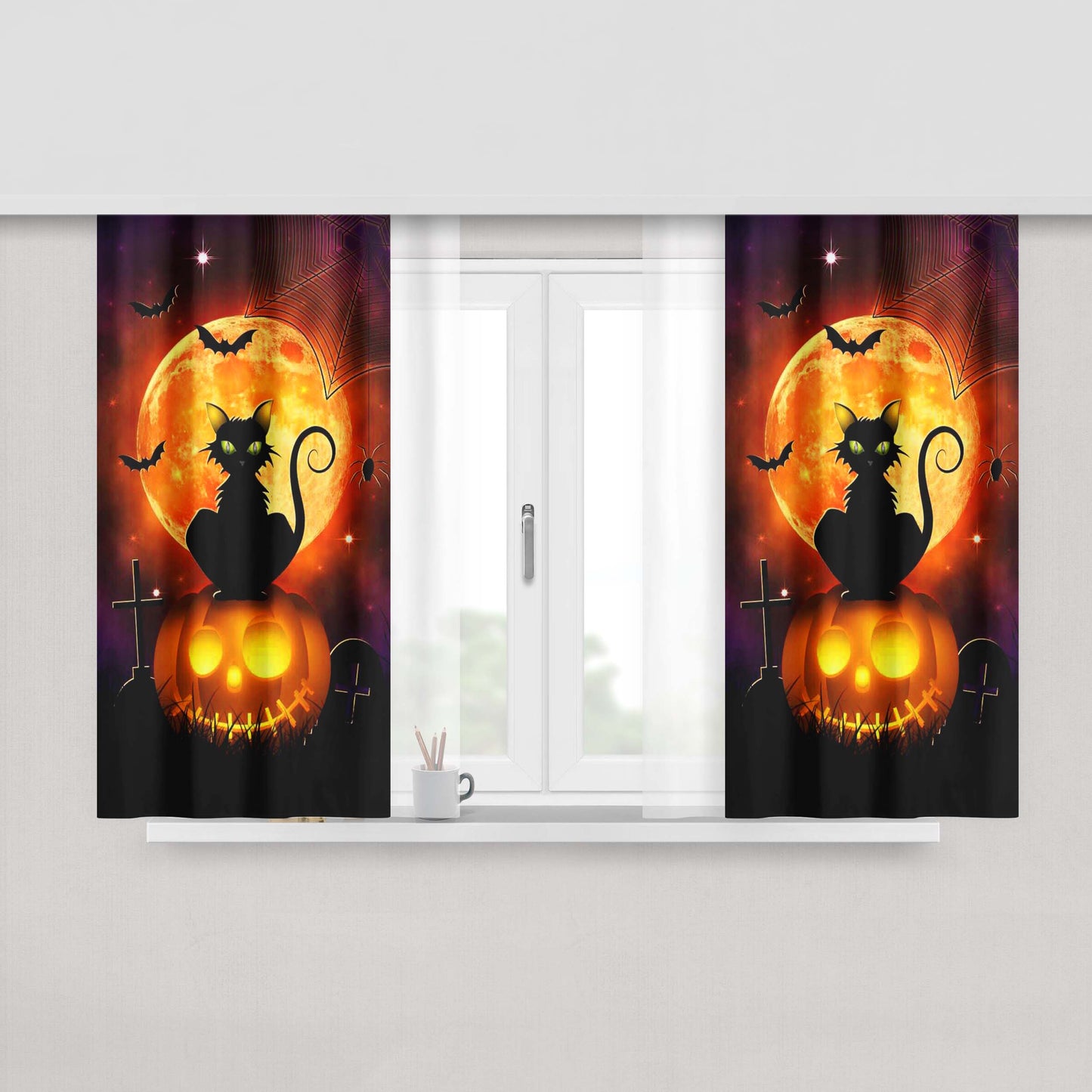 Halloween Black Cat Fabric Window Curtains