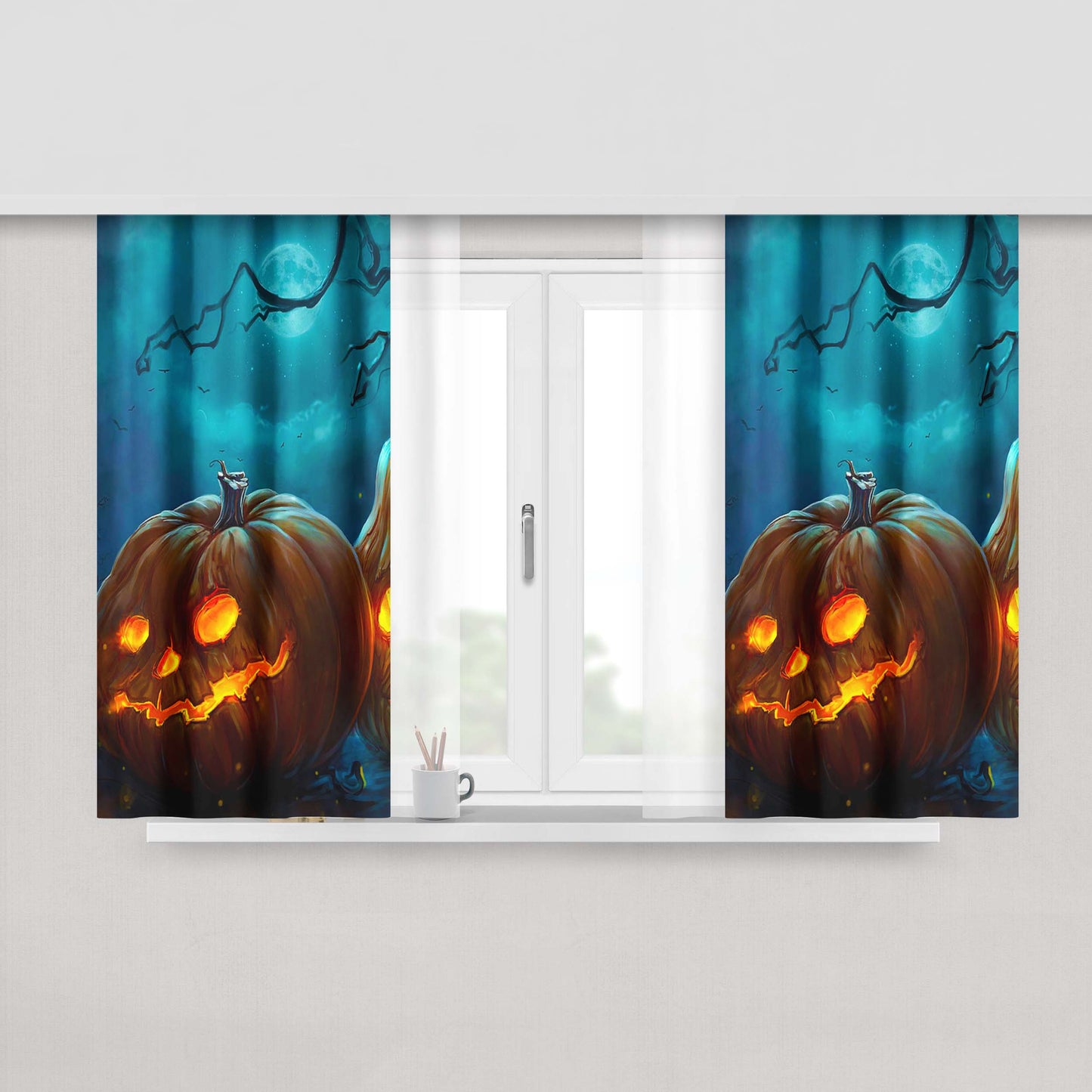 Halloween Night Pumpkins Fabric Window Curtains