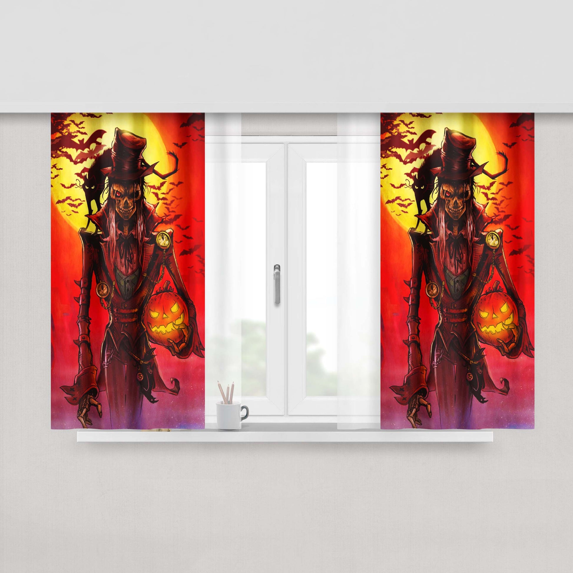 Halloween Skull Black Cat Fabric Window Curtains