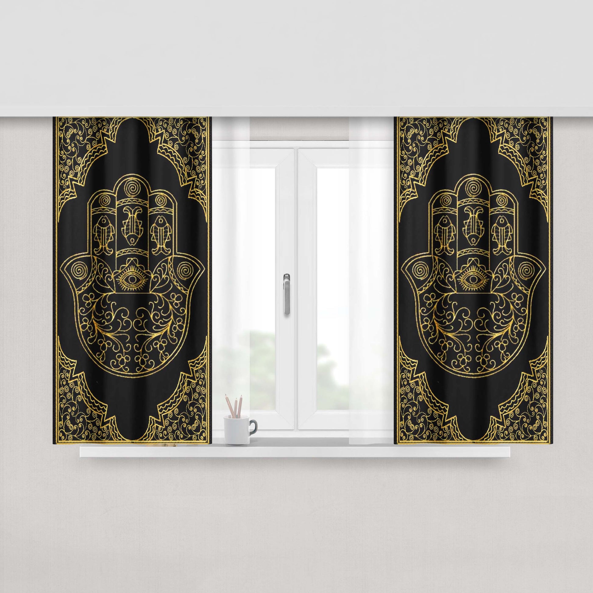 Hamsa Hand Black And Gold Fabric Window Curtains
