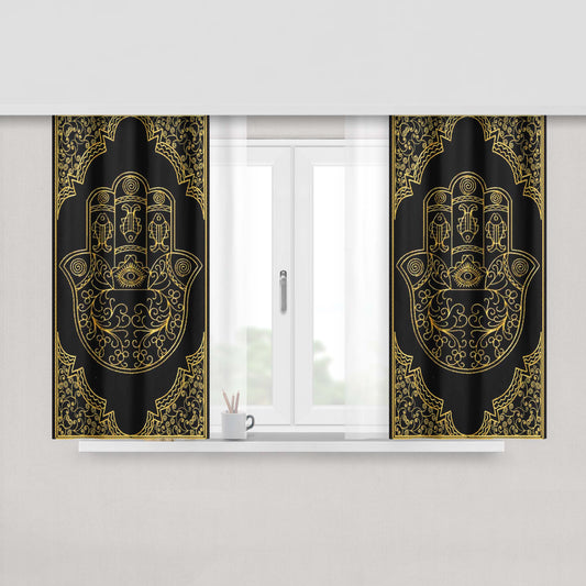 Hamsa Hand Black And Gold Fabric Window Curtains