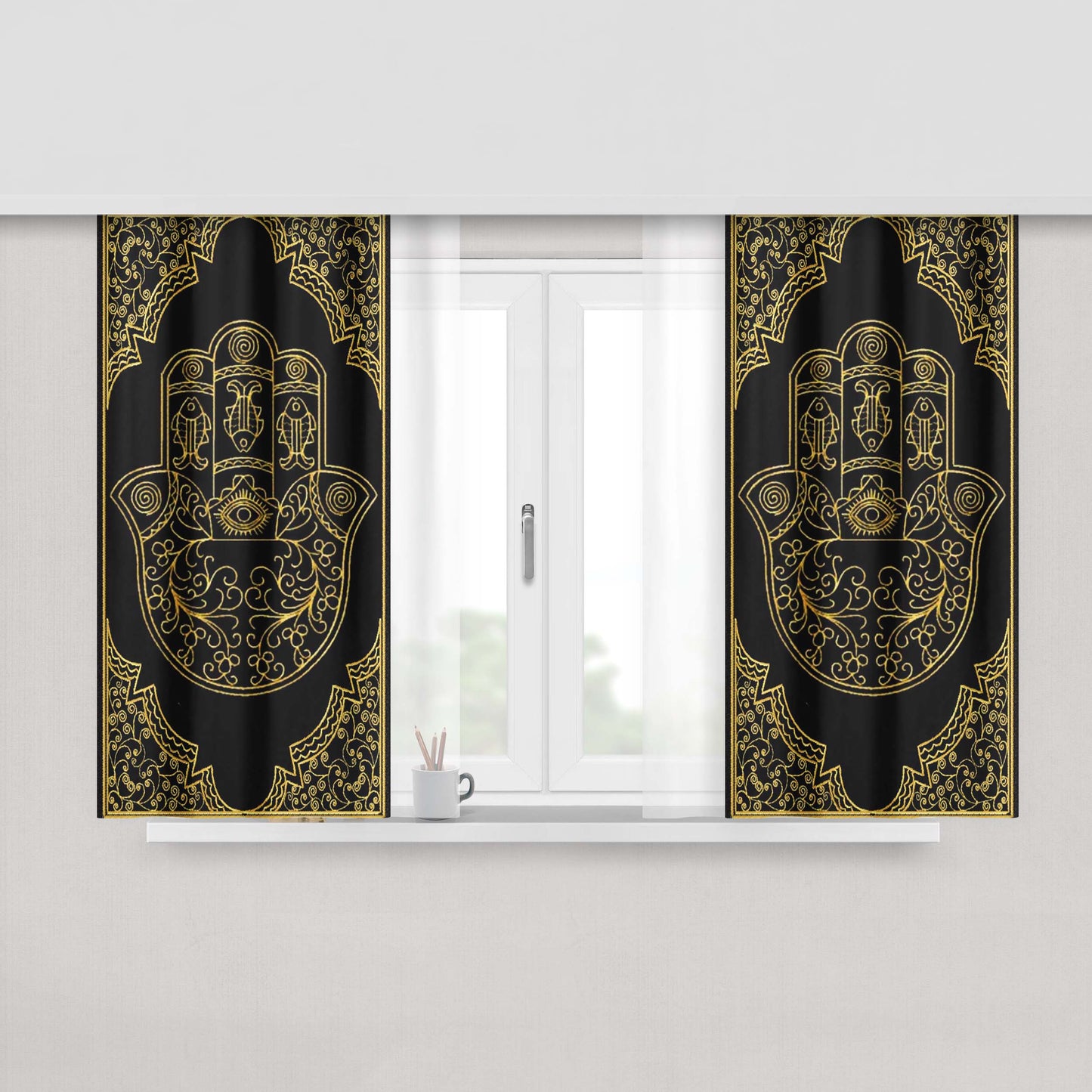 Hamsa Hand Gold Fabric Window Curtains