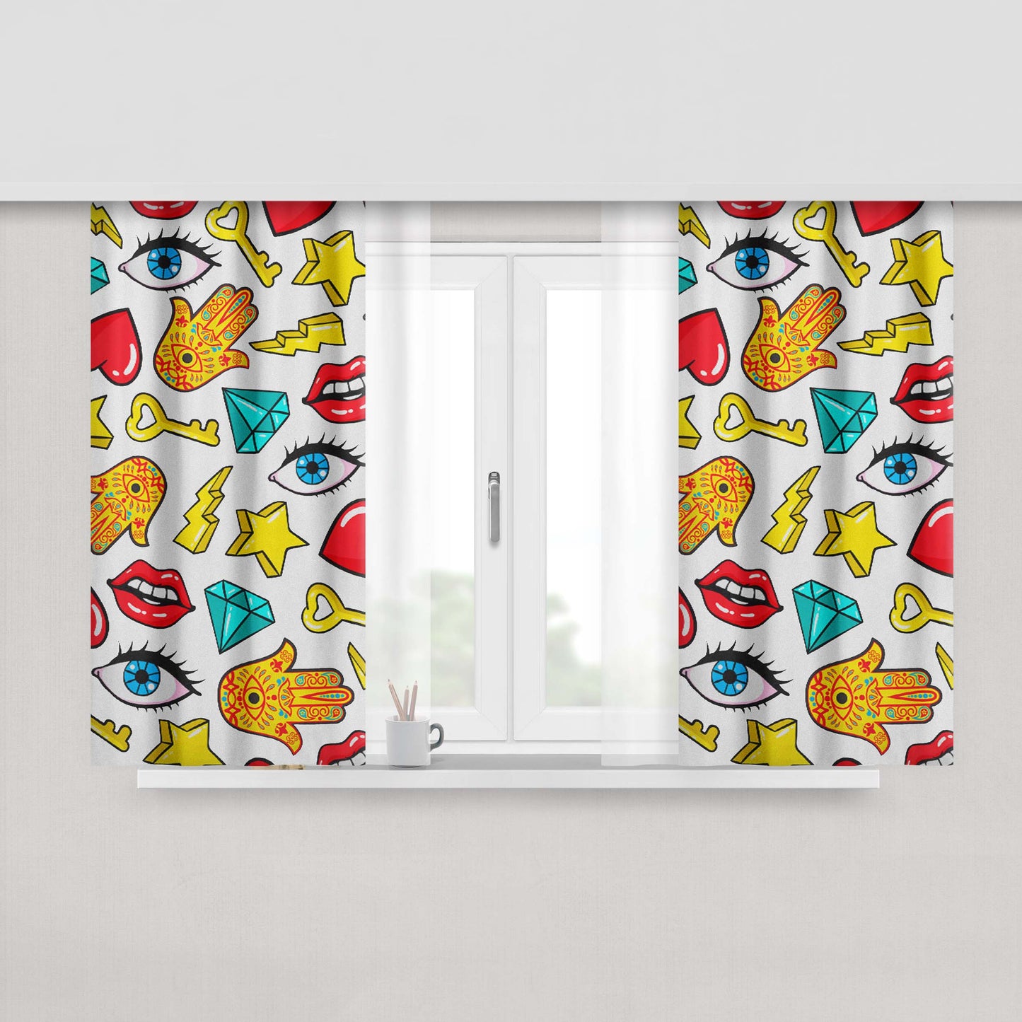 Hamsa Lips Diamonds Noise Icons Fabric Window Curtains