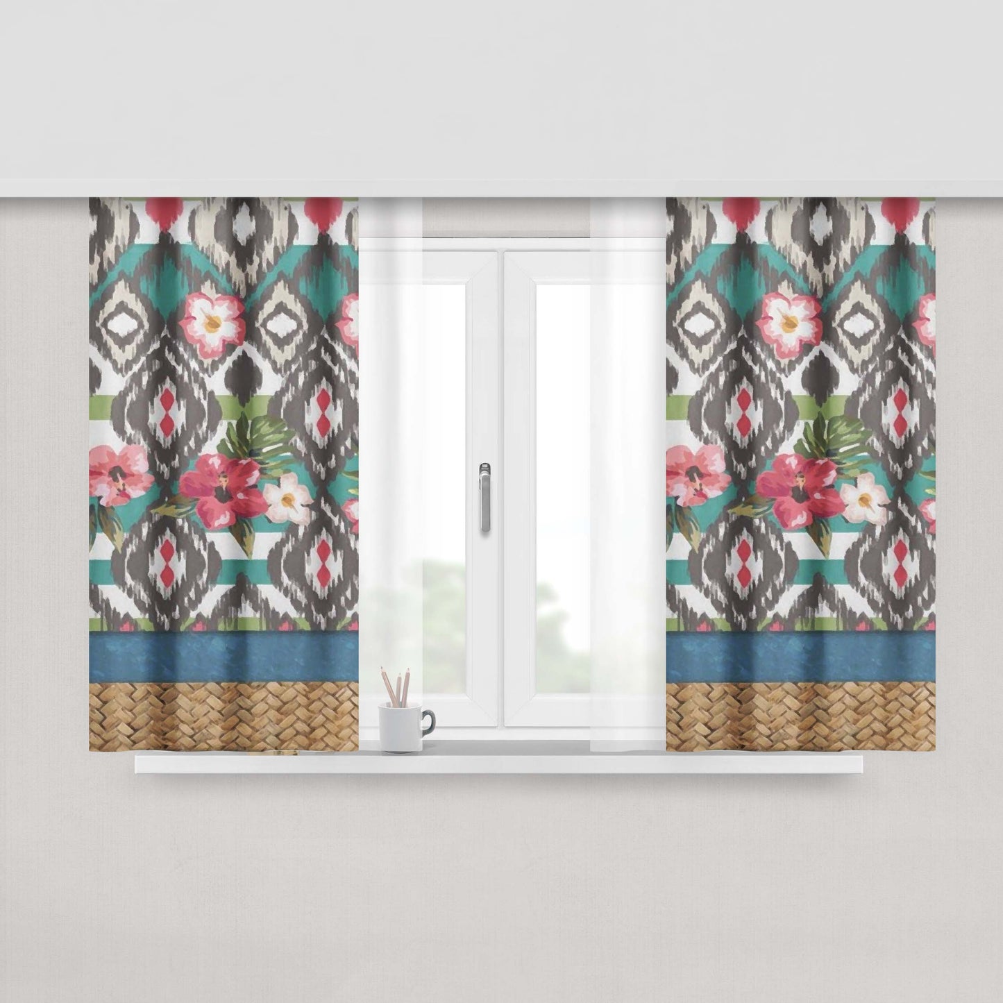 Hand Painted Tribal Flowers Fabric Window Curtains