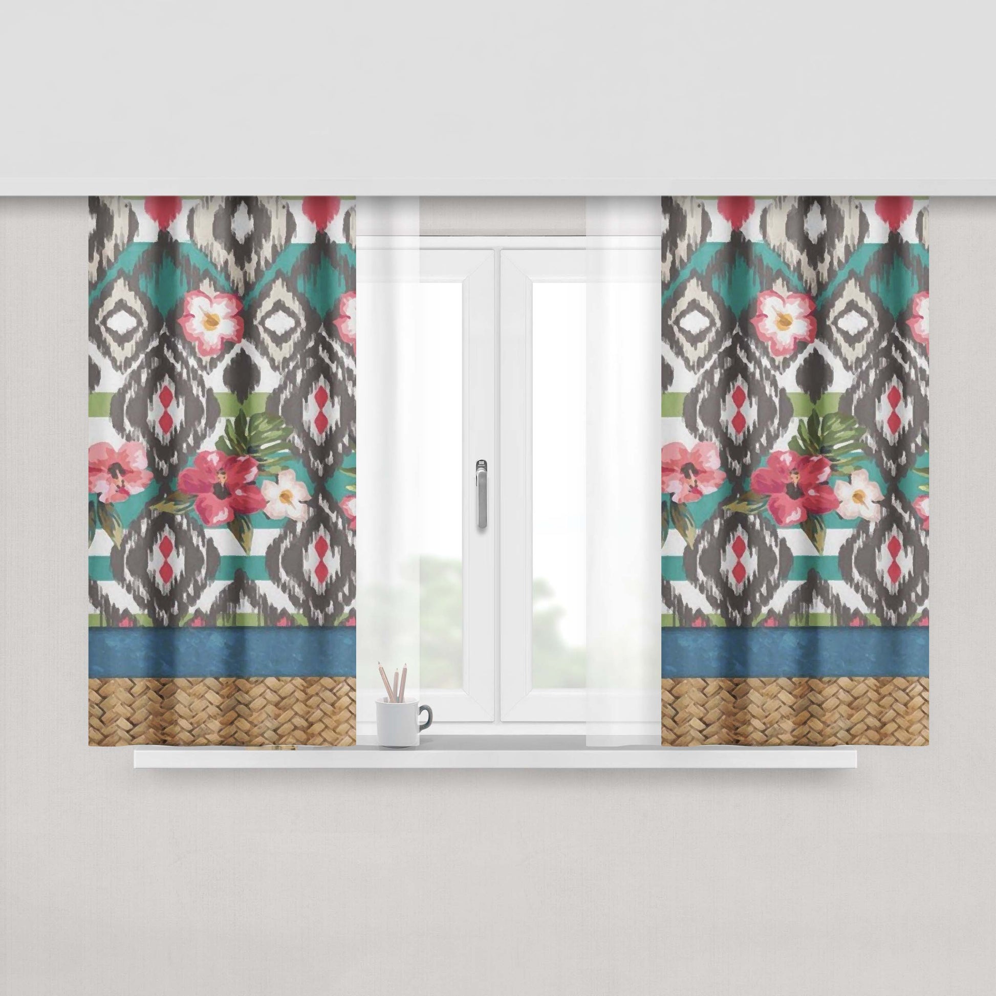 Hand Painted Tribal Flowers Fabric Window Curtains