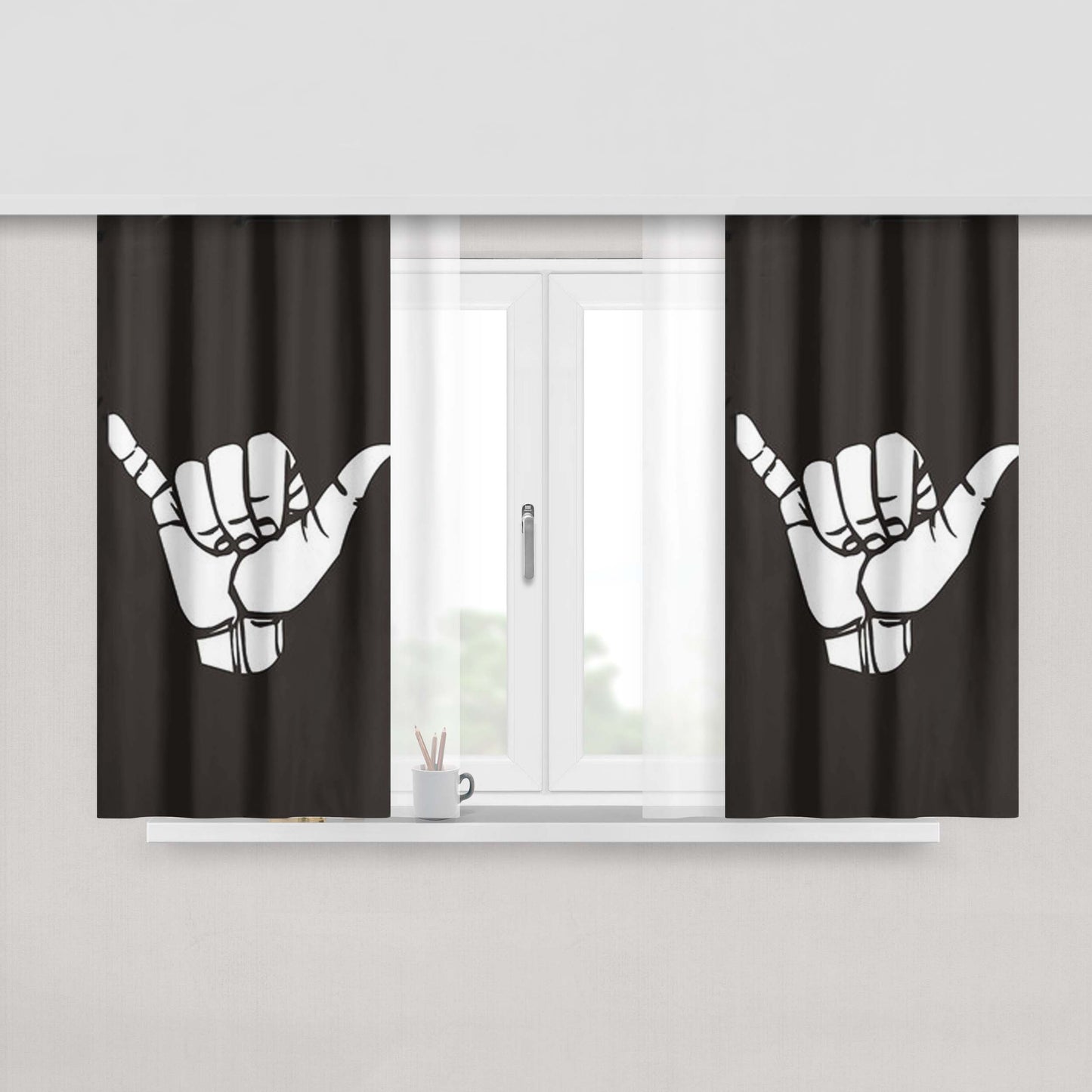 Hang Loose Hand Sign Gray Fabric Window Curtains