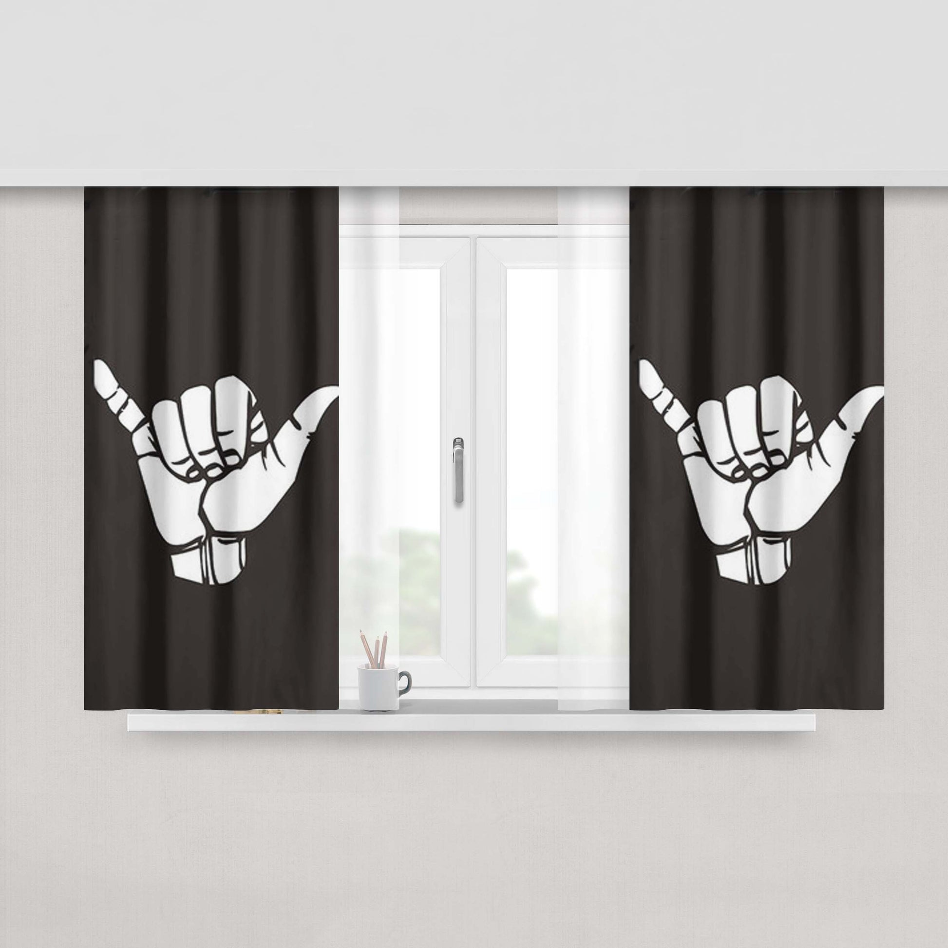 Hang Loose Hand Sign Gray Fabric Window Curtains