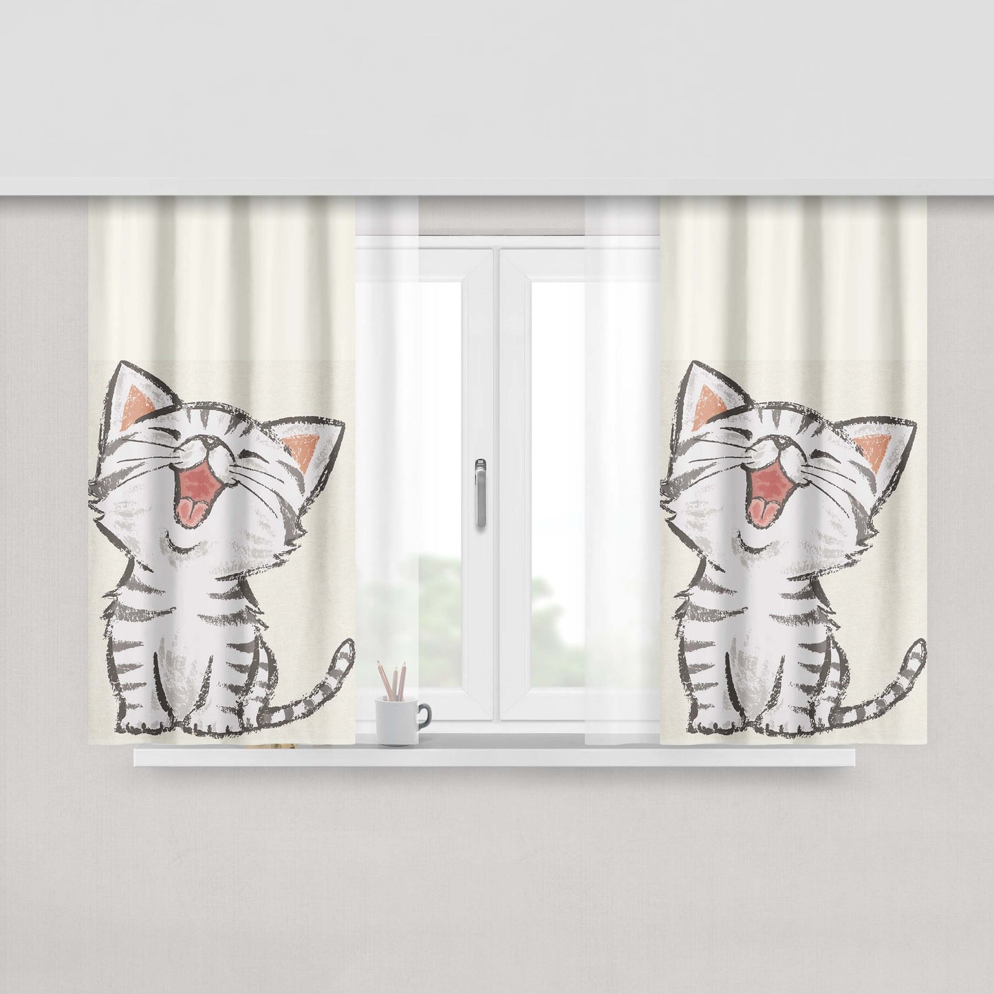 Happy Cat Fabric Window Curtains
