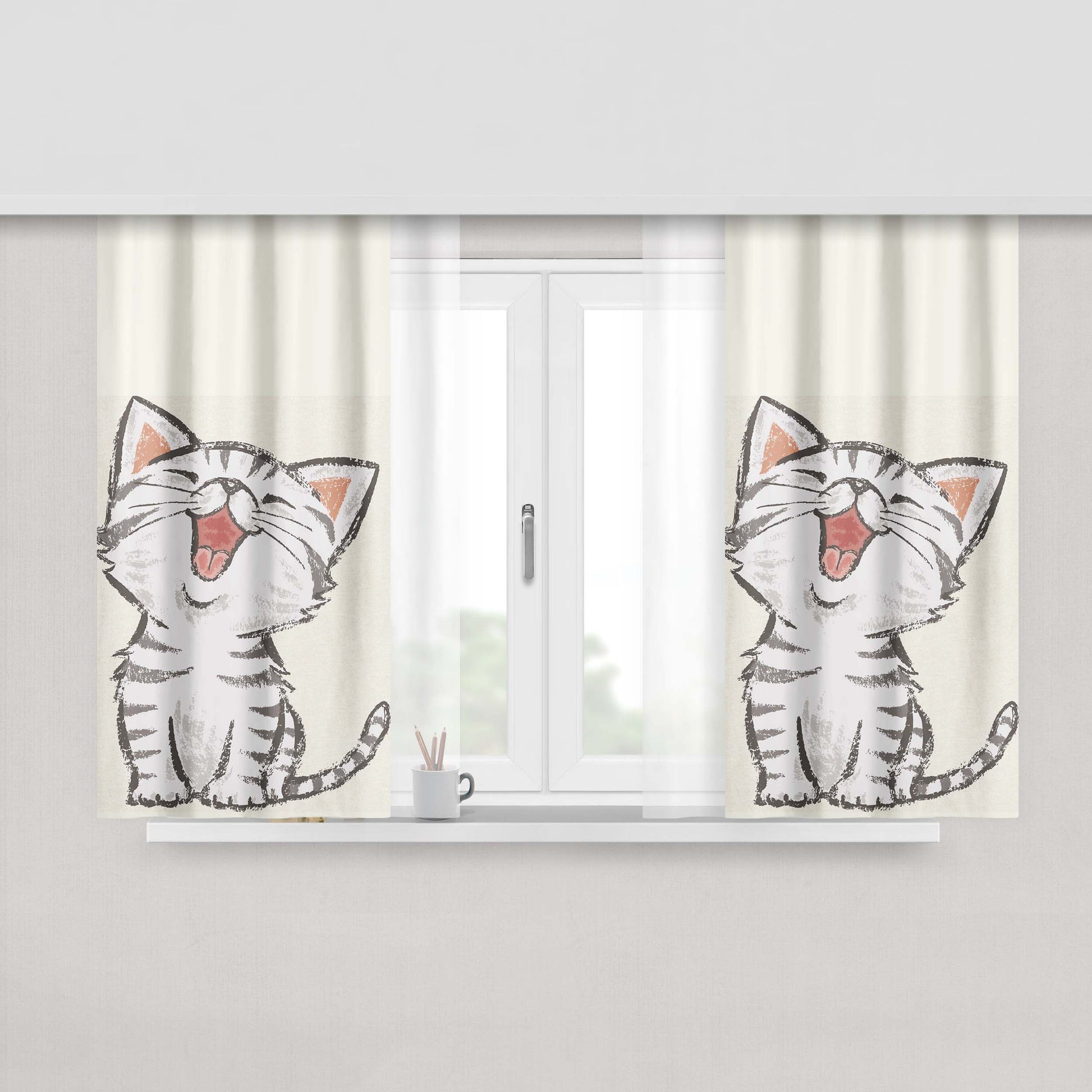 Happy Cat Fabric Window Curtains