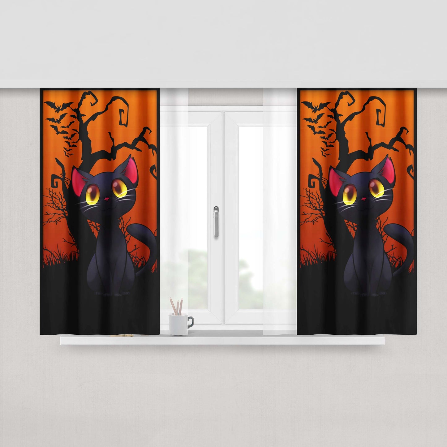 Happy Halloween Black Kitty Fabric Window Curtains