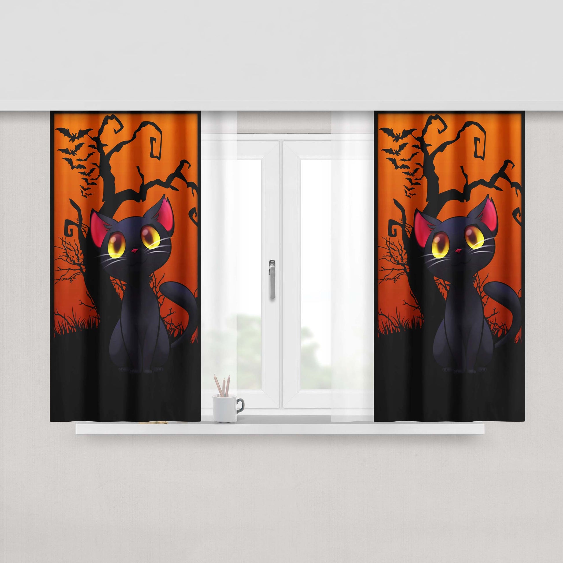 Happy Halloween Black Kitty Fabric Window Curtains