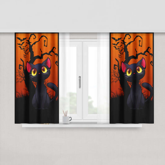 Happy Halloween Black Kitty Fabric Window Curtains