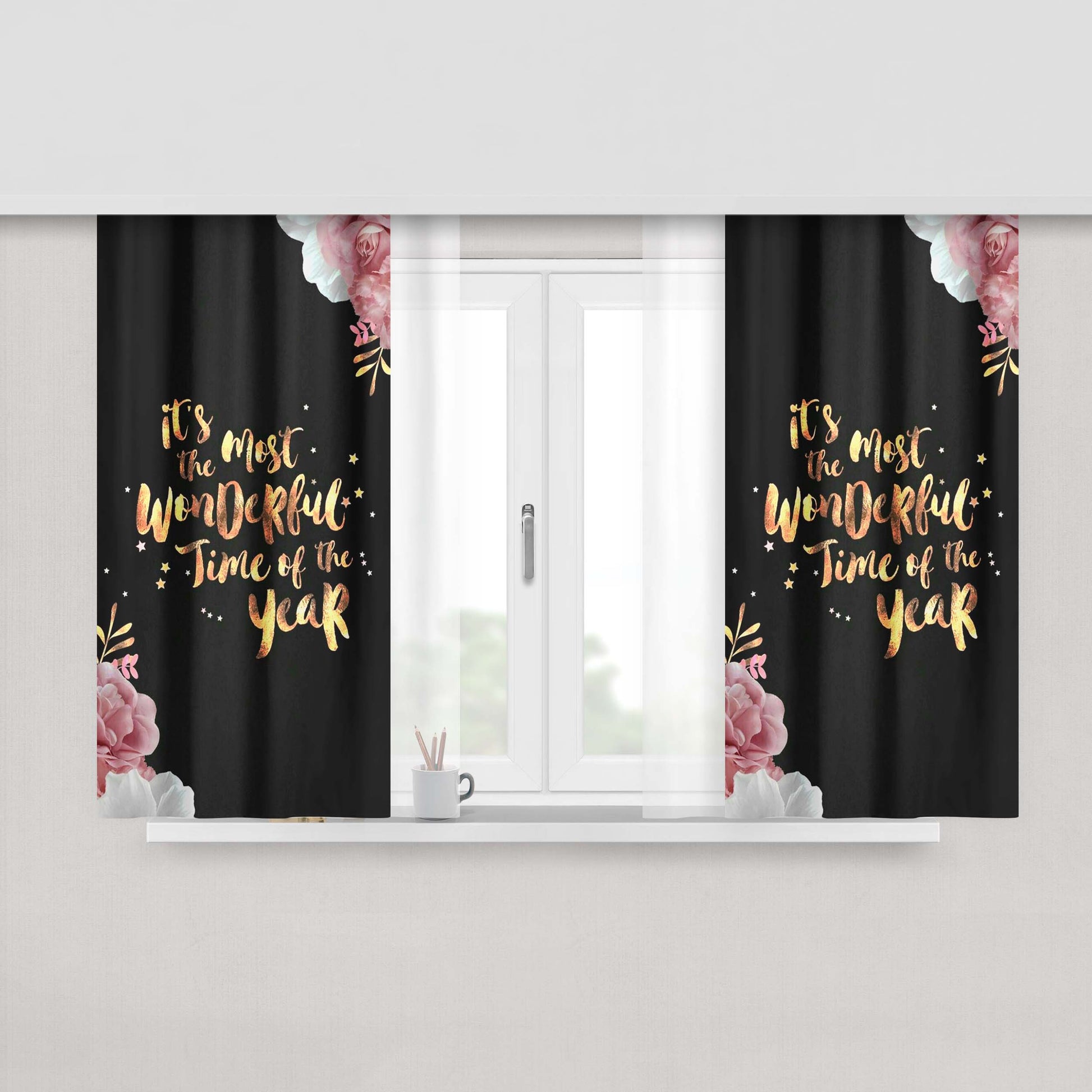 Happy New Year Rose Gold Fabric Window Curtains