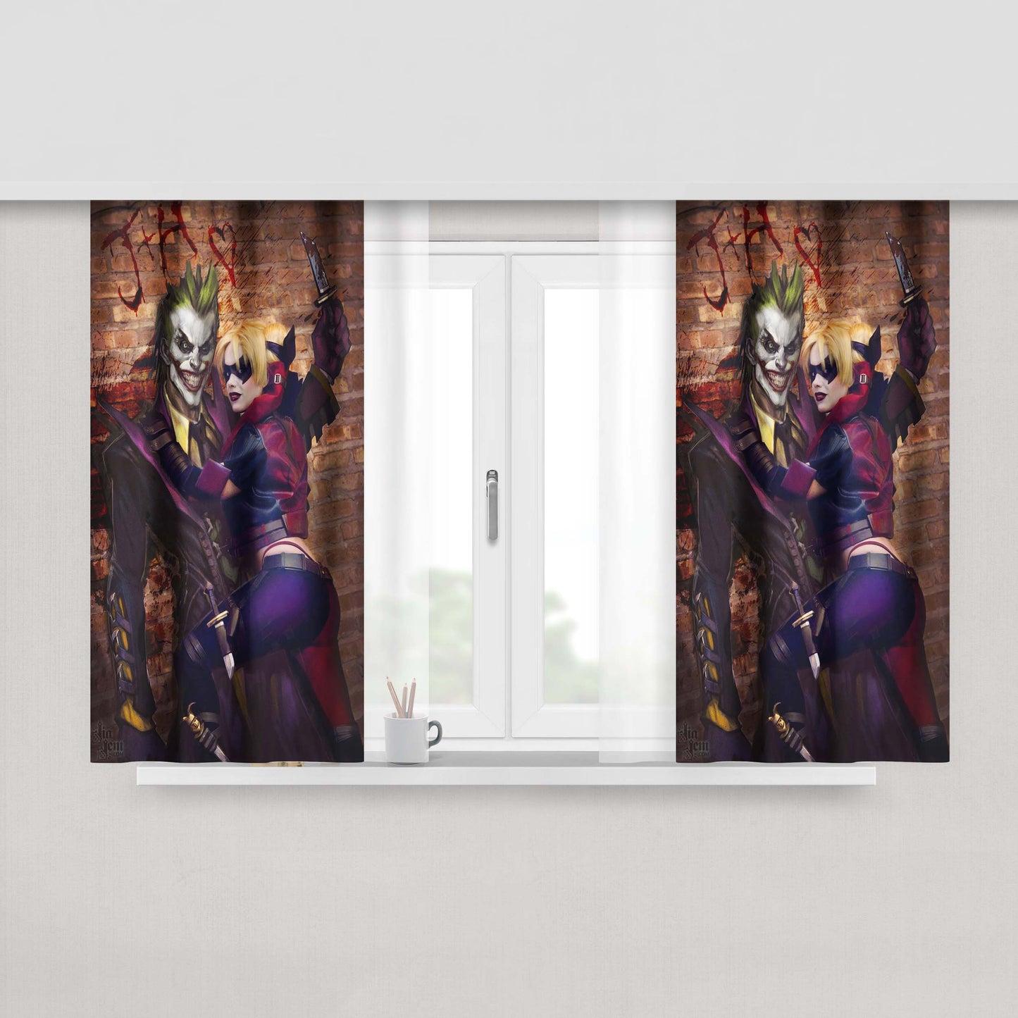 Harley Quinn With Joker Fabric Window Curtains