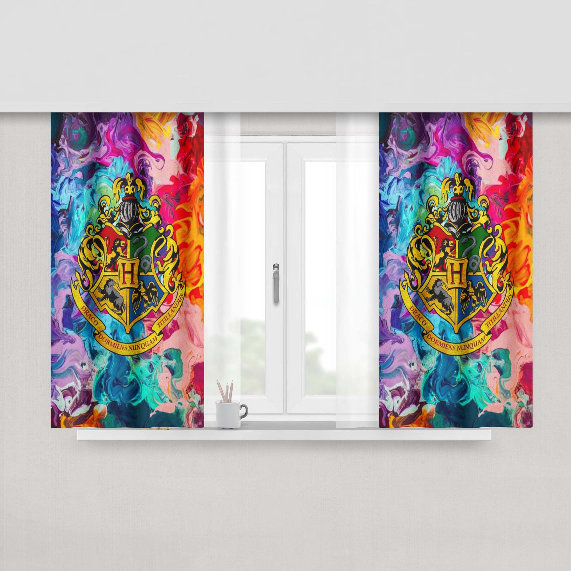Harry Potter Hogwarts Crest Abstract Colorful Fabric Window Curtains