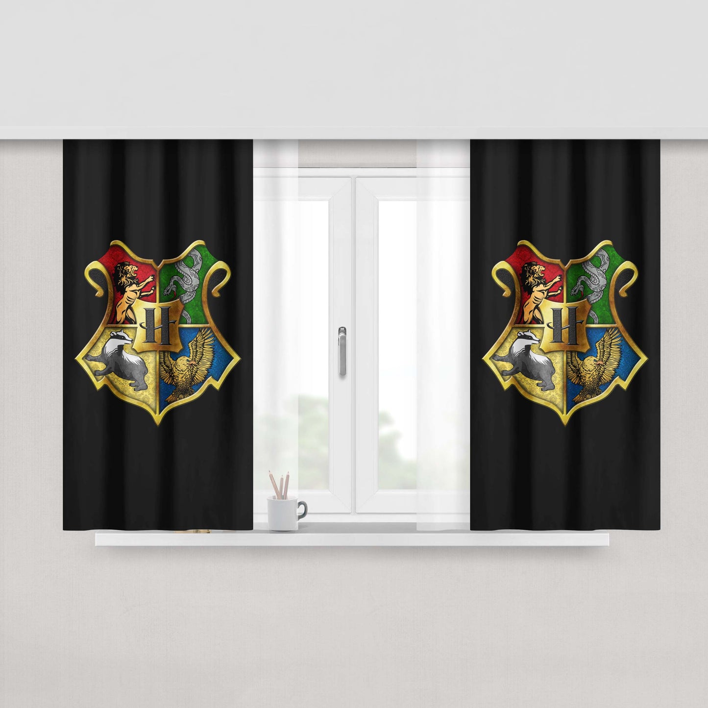 Harry Potter Hogwarts Logo Black Wallpaper Fabric Window Curtains