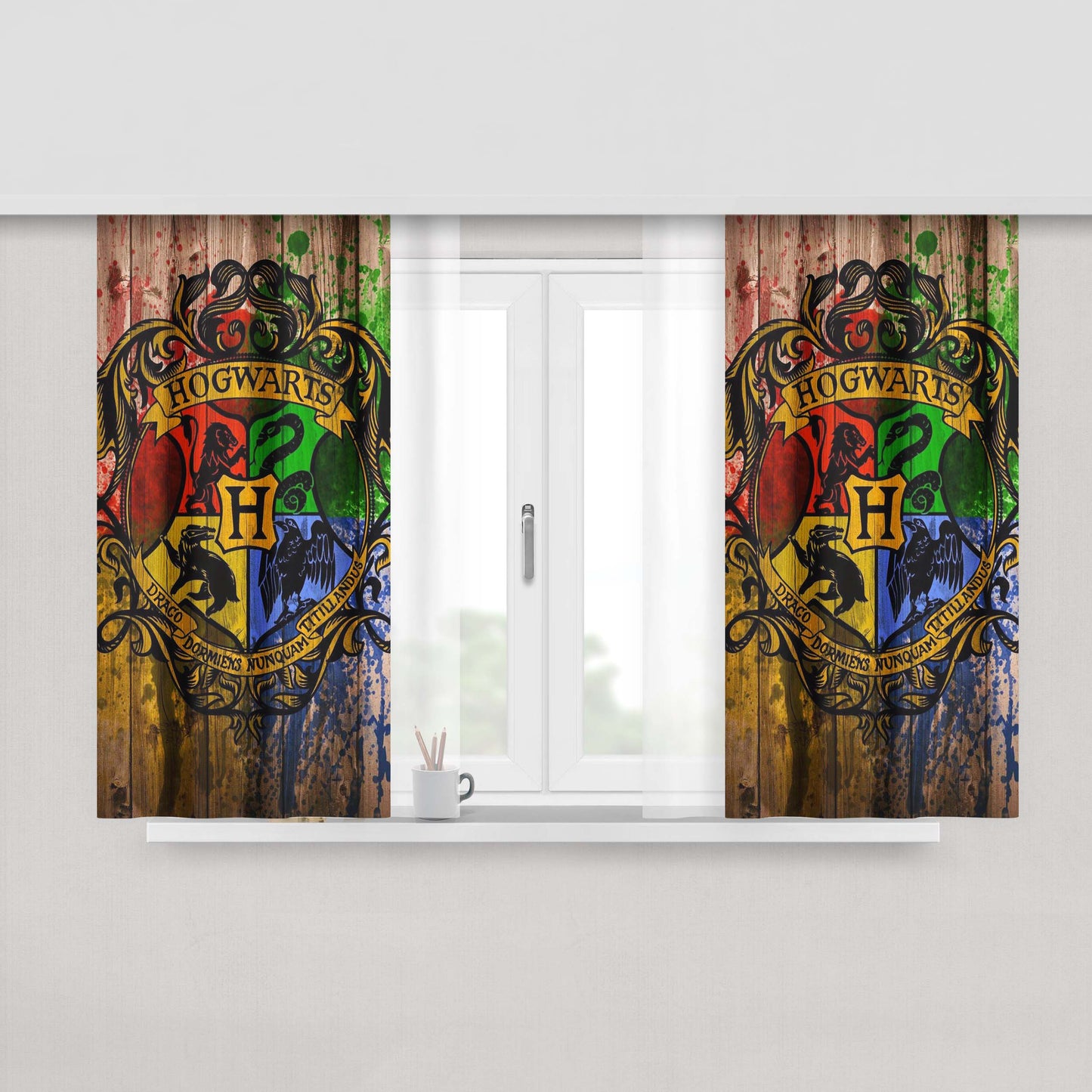 Harry Potter Hogwarts Logo Wood Fabric Window Curtains