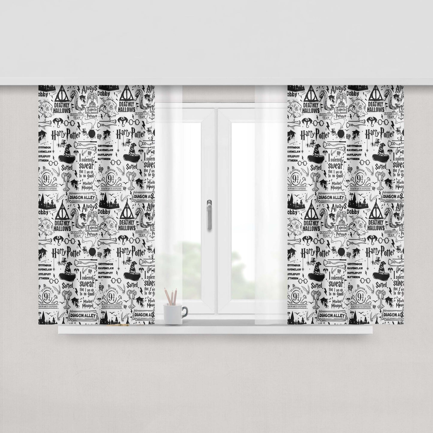 Harry Potter Spell Crest Doodle Collage Fabric Window Curtains