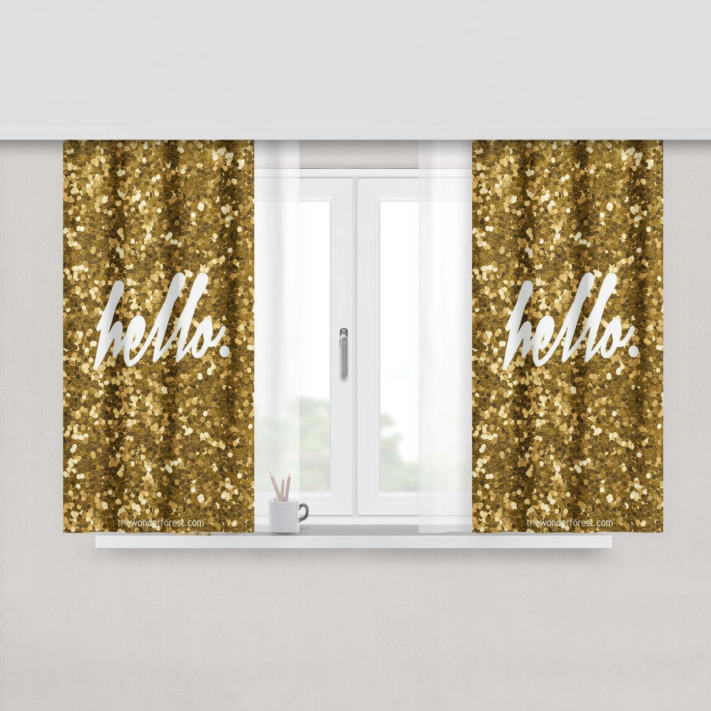 Hello Gold Background Fabric Window Curtains