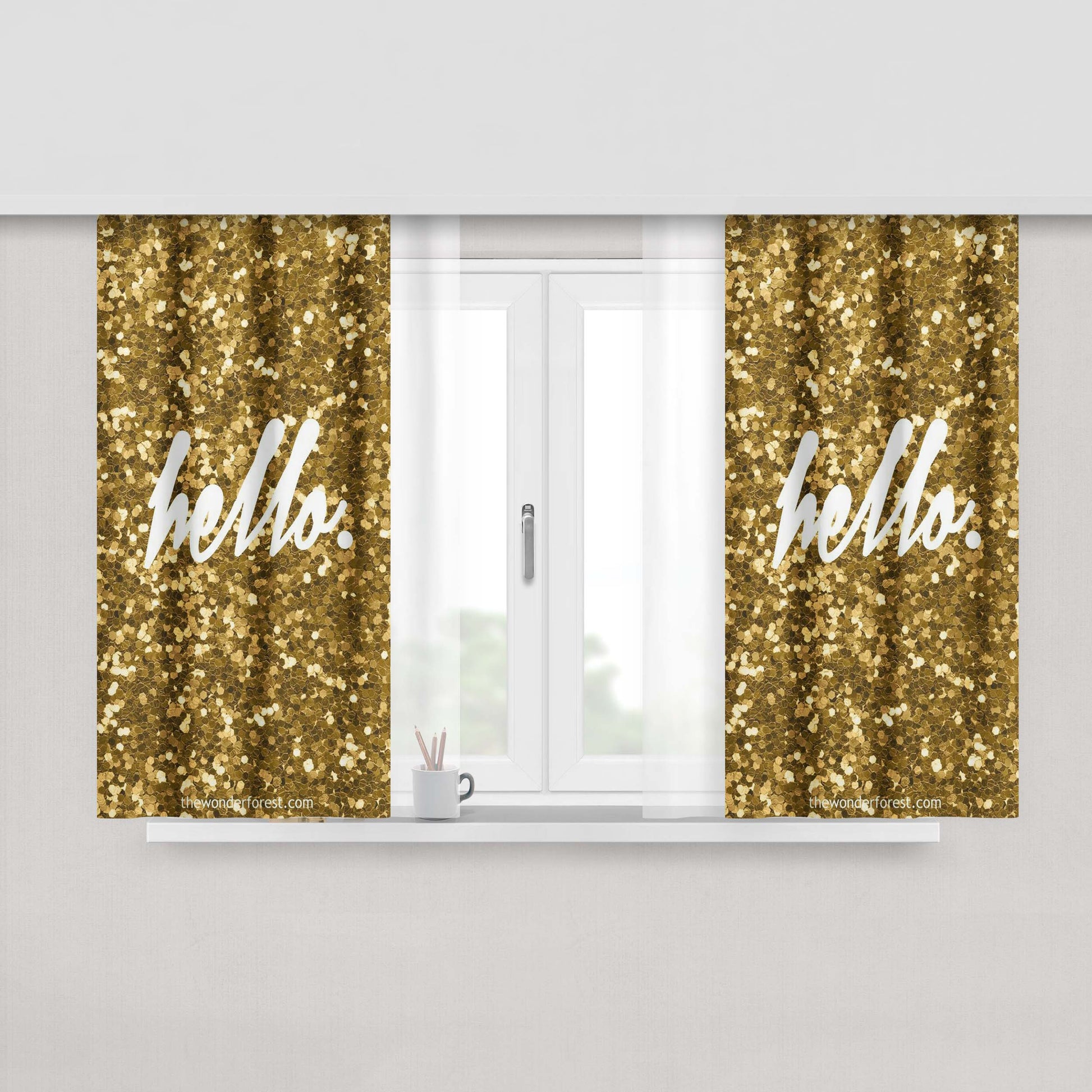 Hello Gold Background Fabric Window Curtains