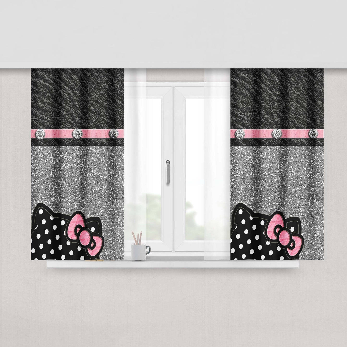 Hello Kitty Black Glitter Leather Wallpaper Fabric Window Curtains