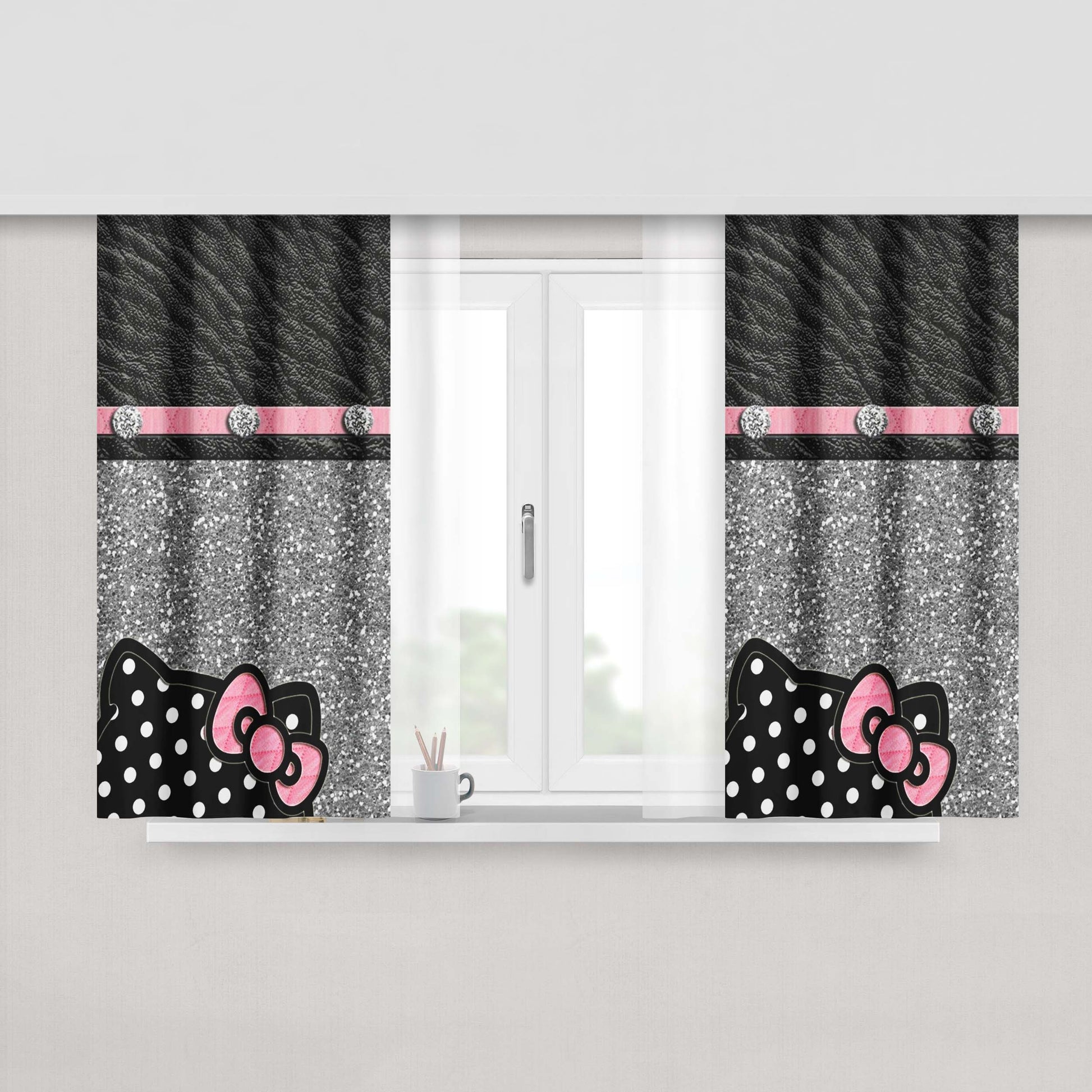 Hello Kitty Black Glitter Leather Wallpaper Fabric Window Curtains