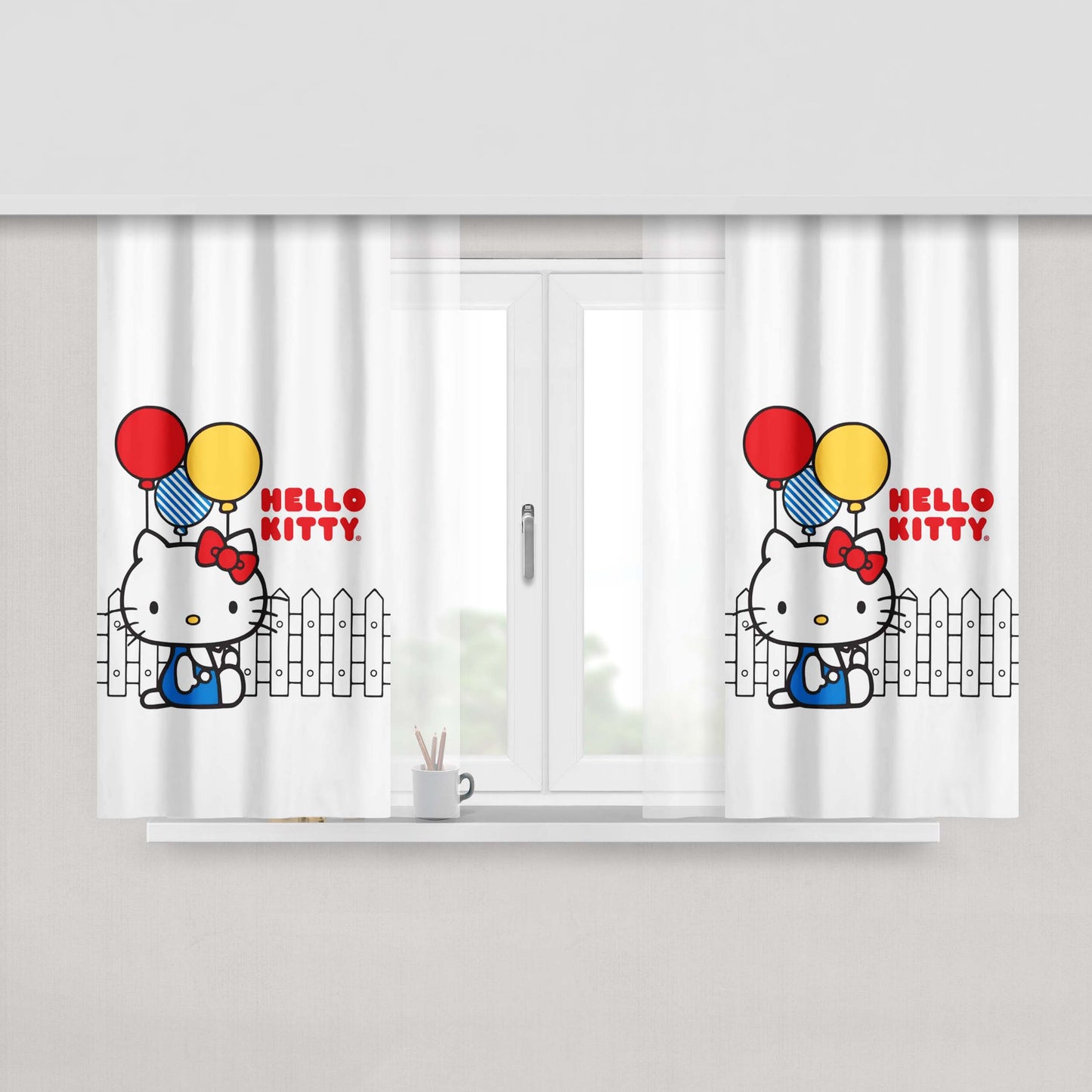 Hello Kitty Sit With Balloon White Fabric Fabric Window Curtains