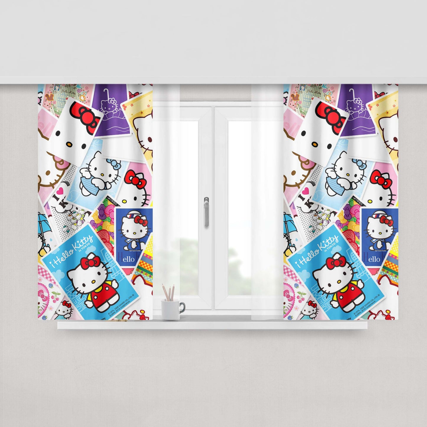 Hello Kitty Sticker Slap Style Fabric Fabric Window Curtains