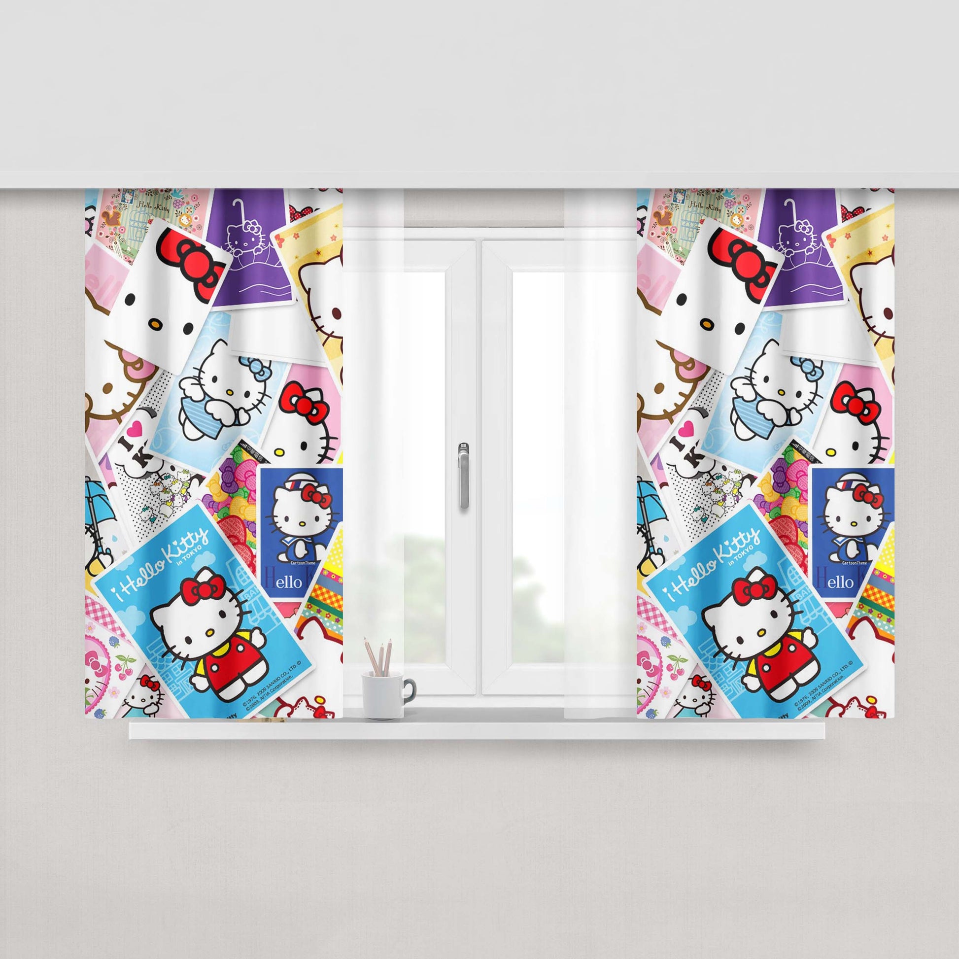 Hello Kitty Sticker Slap Style Fabric Fabric Window Curtains