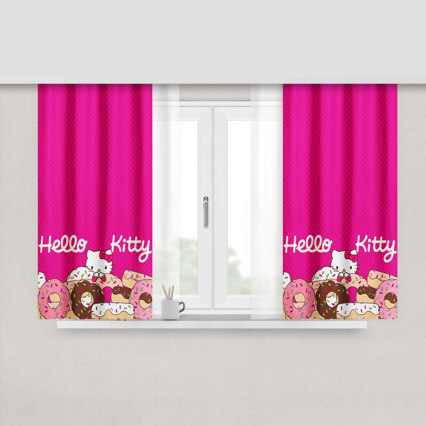Hello Kitty With Pink Background Donut Fabric Fabric Window Curtains