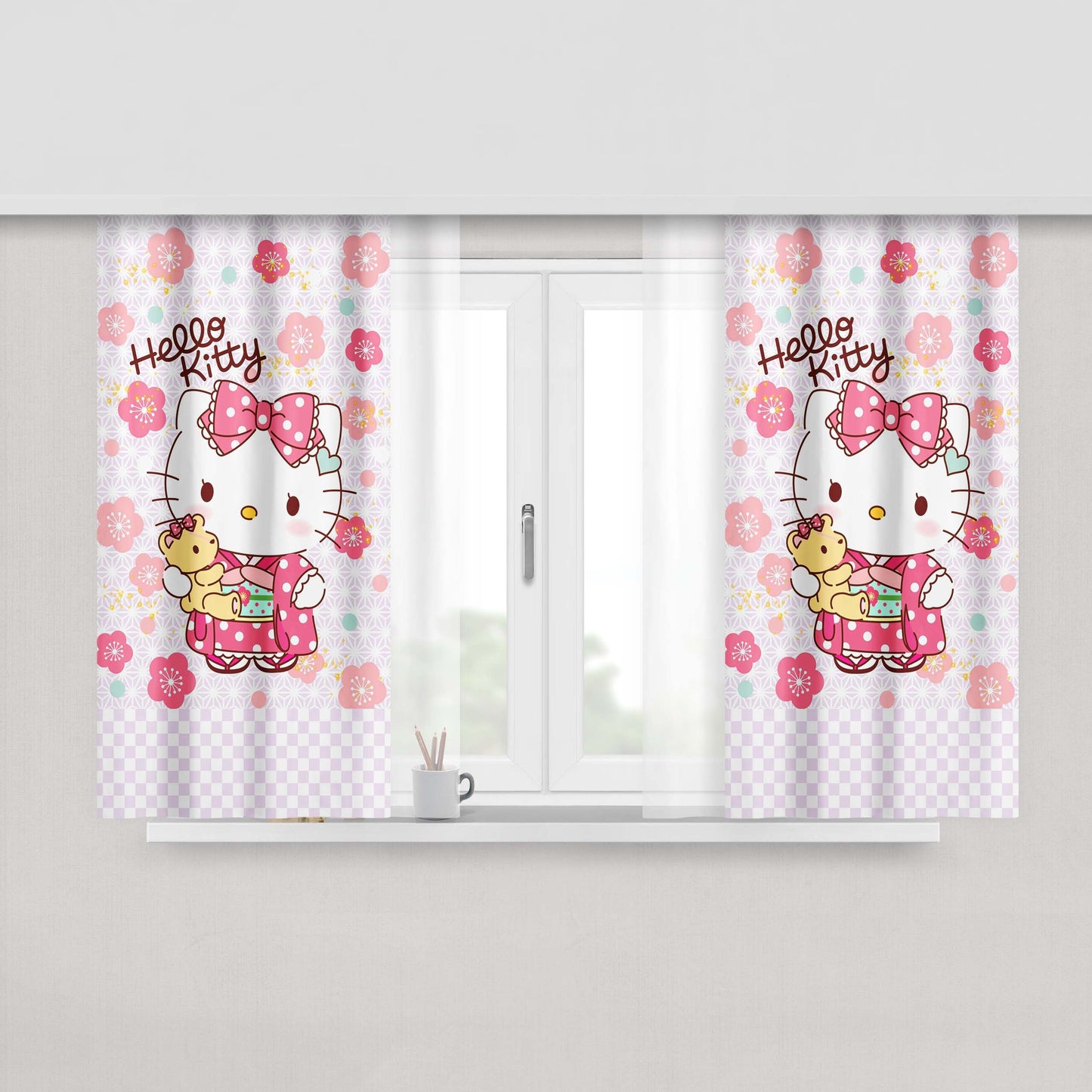 Hello Kitty With Sakura Fabric Fabric Window Curtains