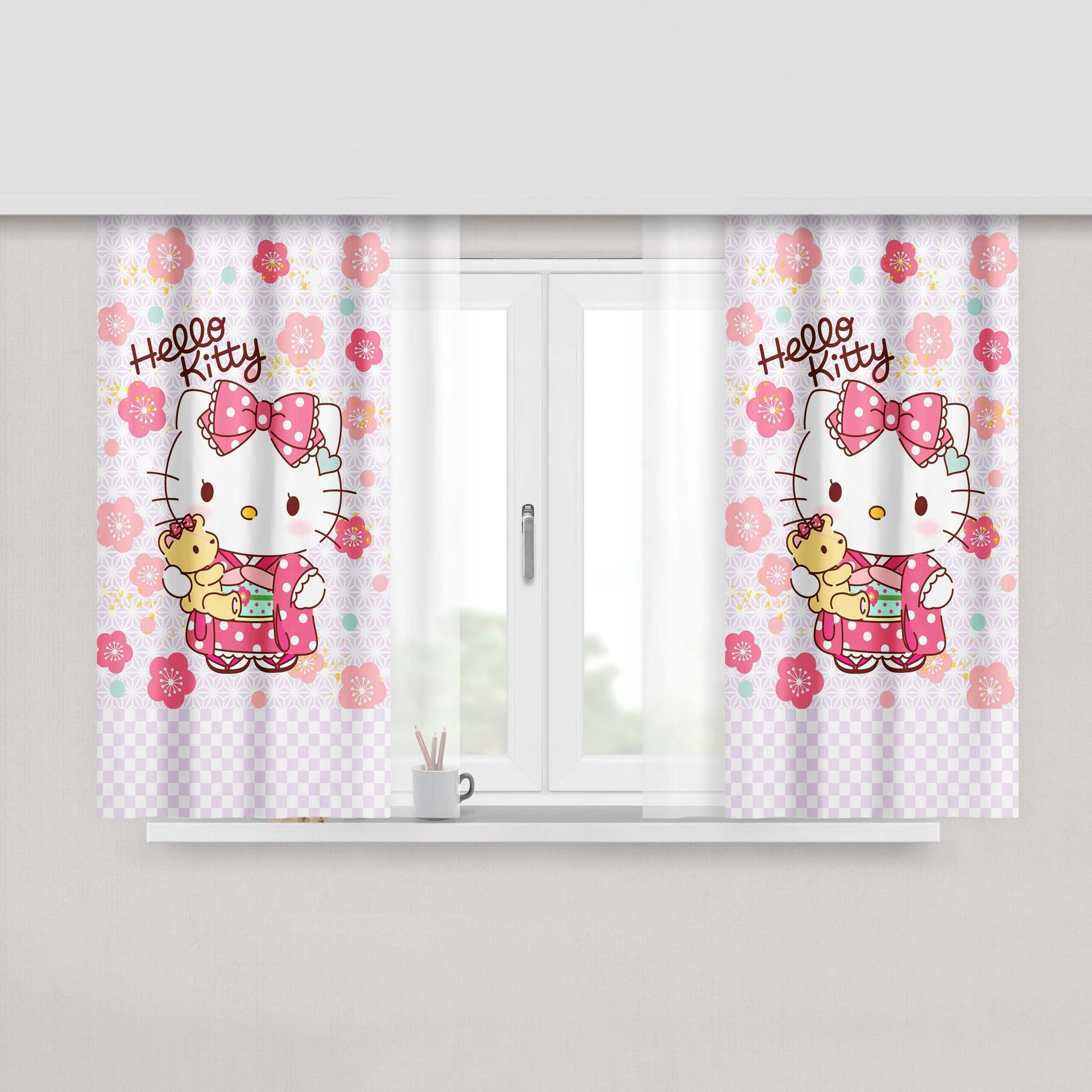 Hello Kitty With Sakura Fabric Fabric Window Curtains