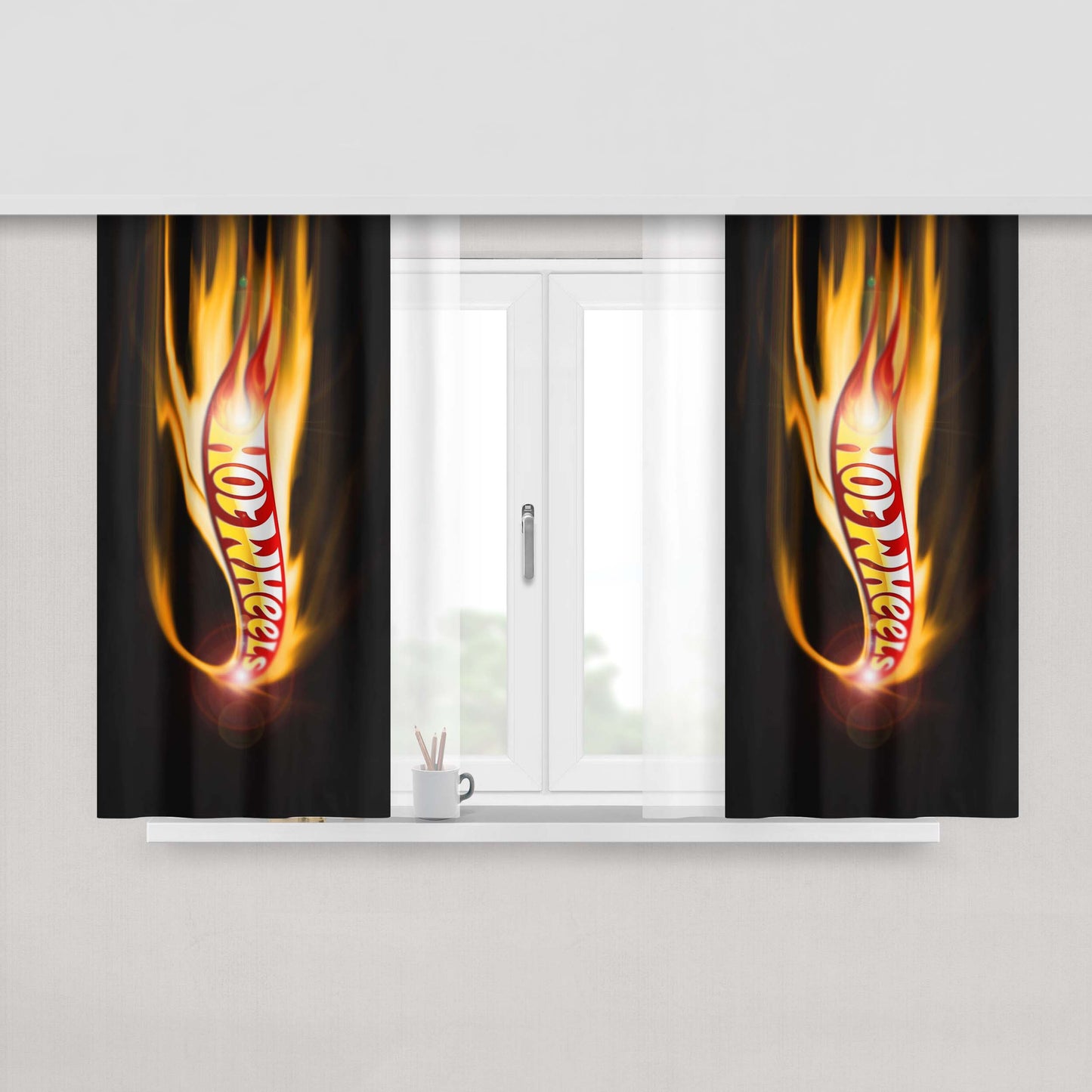 Hot Wheels Flaming Fire Glow Peach Skin Window Curtains