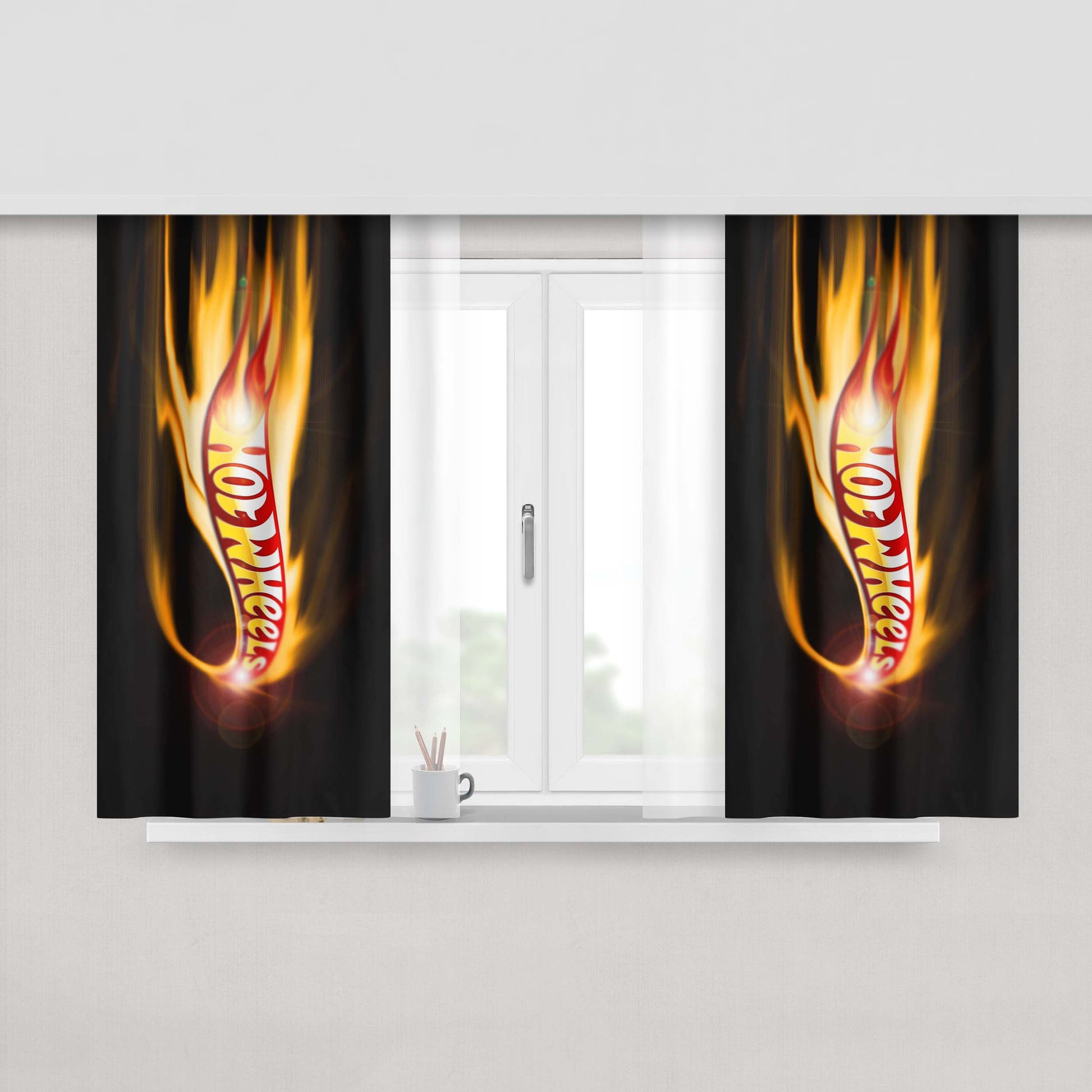 Hot Wheels Flaming Fire Glow Peach Skin Window Curtains