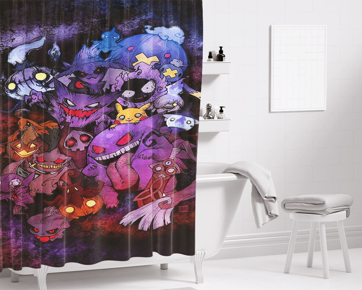 All Character Pokemon Zombie Halloween Cosplay Bathroom Shower Curtain Fabric Waterproof | 66 X 72 Inch