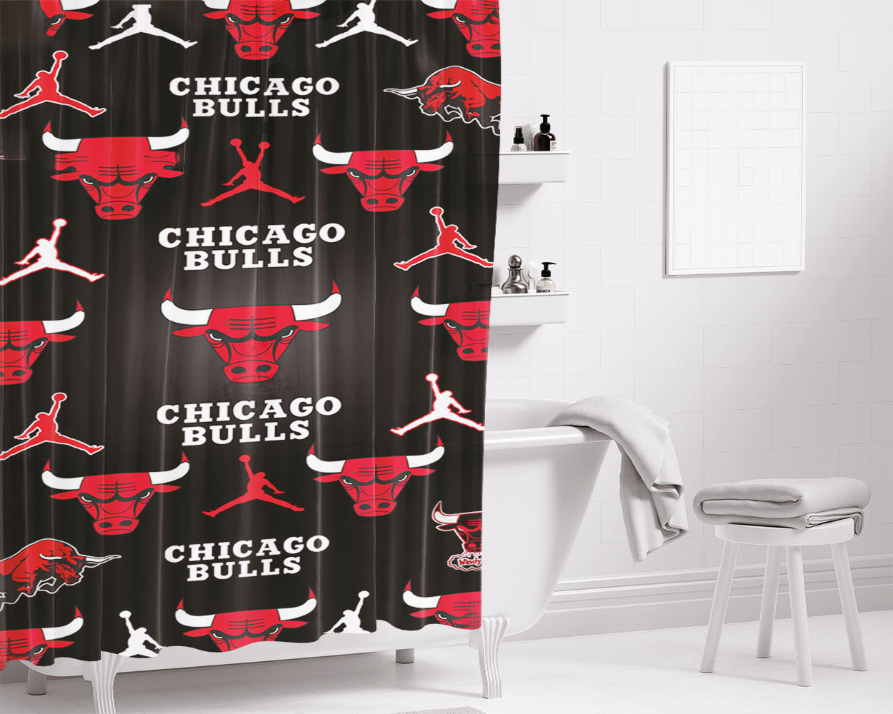 Chicago Bulls Basketball Black Bathroom Shower Curtain Fabric Waterproof | 66 X 72 Inch