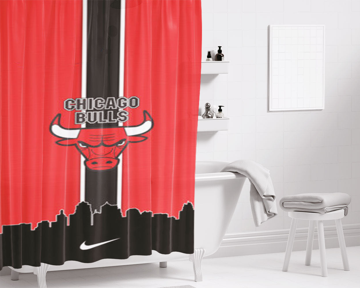 Chicago Bulls Basketball Symbols Bathroom Shower Curtain Fabric Waterproof | 66 X 72 Inch